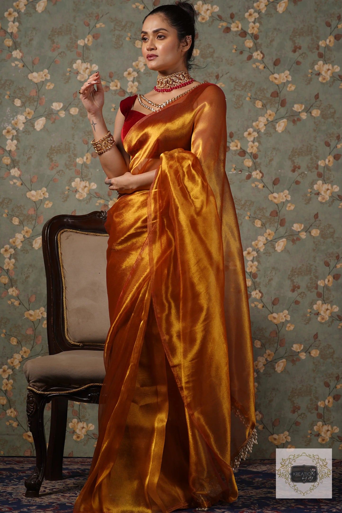 Golden Zari Tissue Saree With Handmade Tassels On Pallu kreationbykj