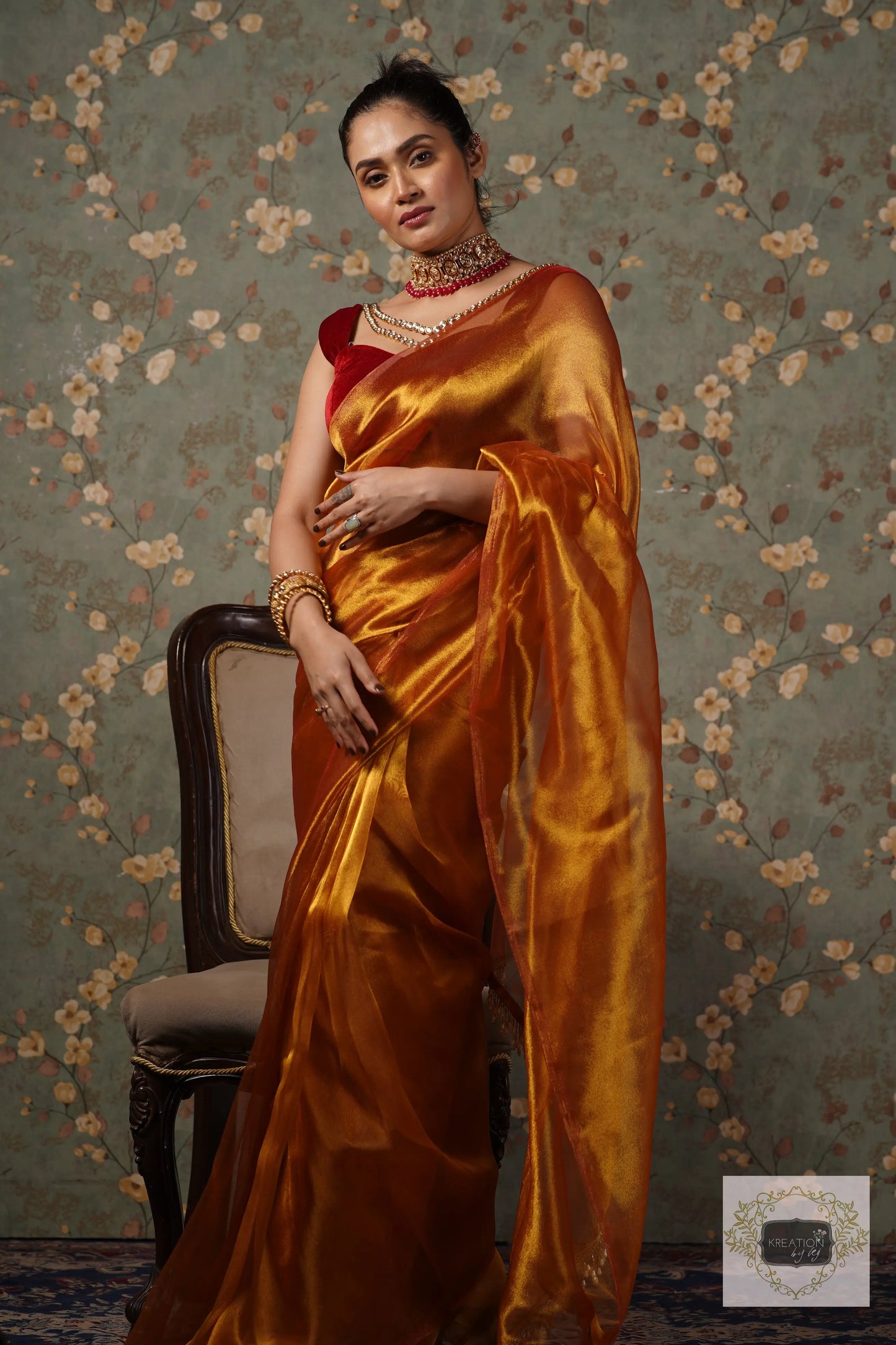 Golden Zari Tissue Saree With Handmade Tassels On Pallu kreationbykj