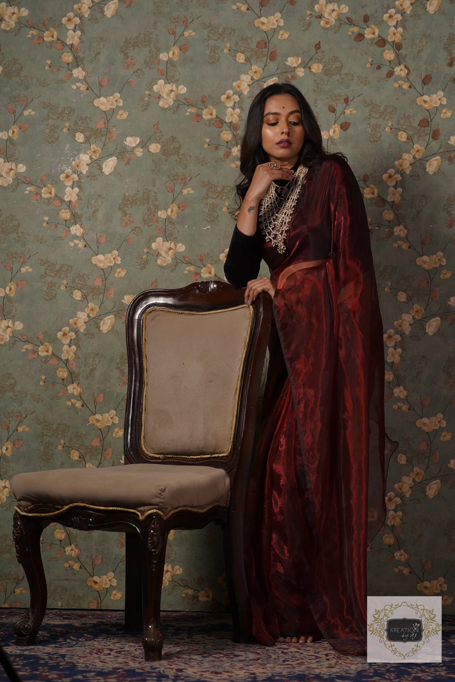 Maroon Glass Tissue Saree kreationbykj.in