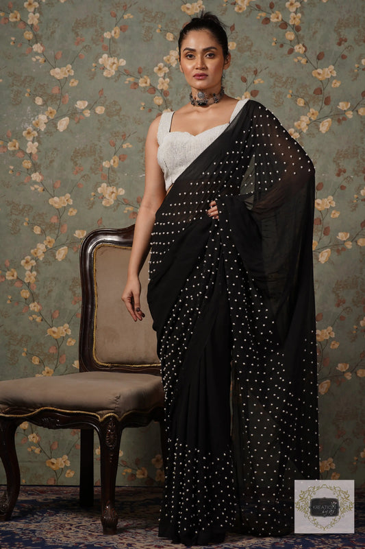 Black Pearl Paradise Georgette Cocktail Saree kreationbykj