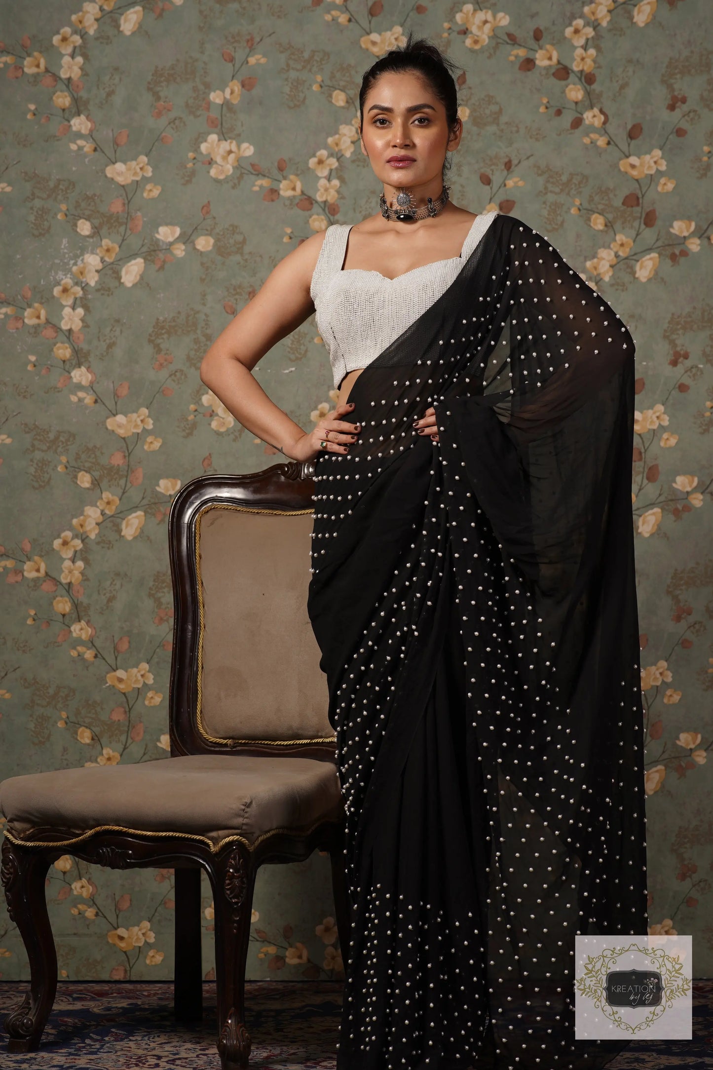 Black Pearl Paradise Georgette Cocktail Saree kreationbykj