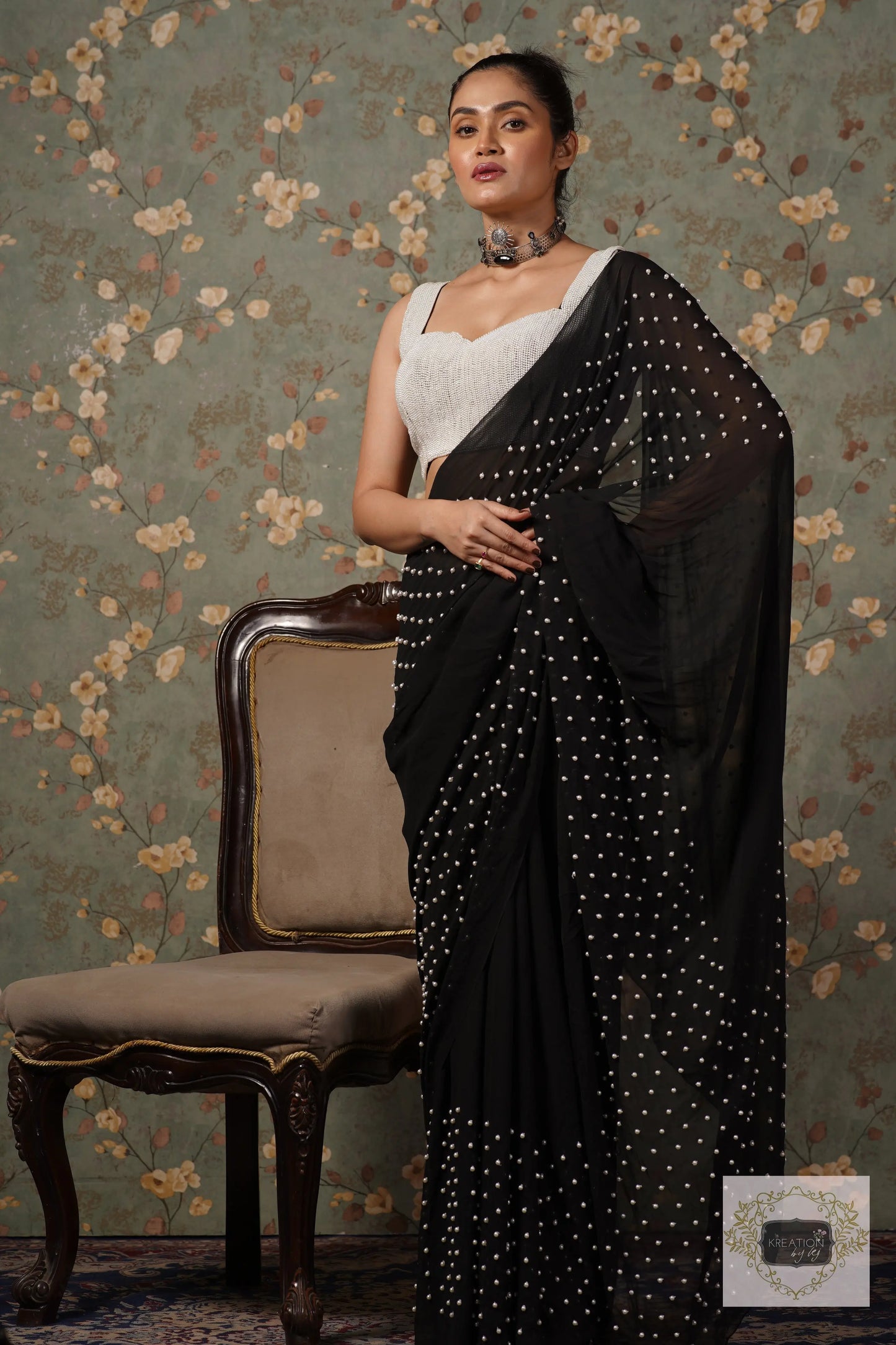 Black Pearl Paradise Georgette Cocktail Saree kreationbykj
