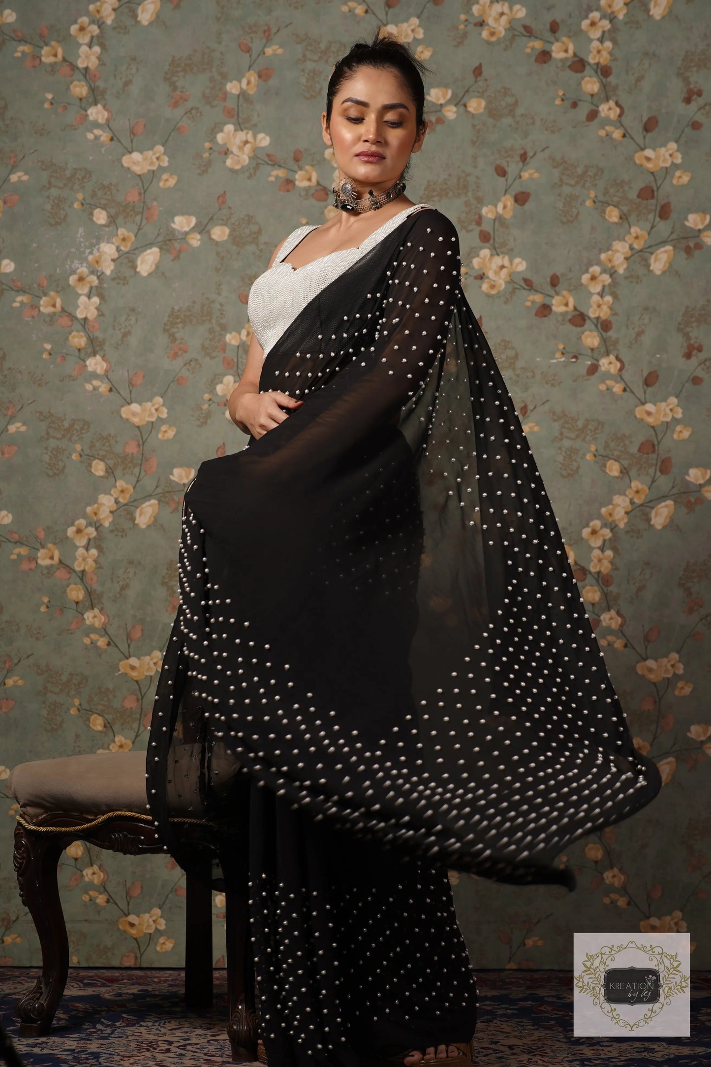 Black Pearl Paradise Georgette Cocktail Saree kreationbykj