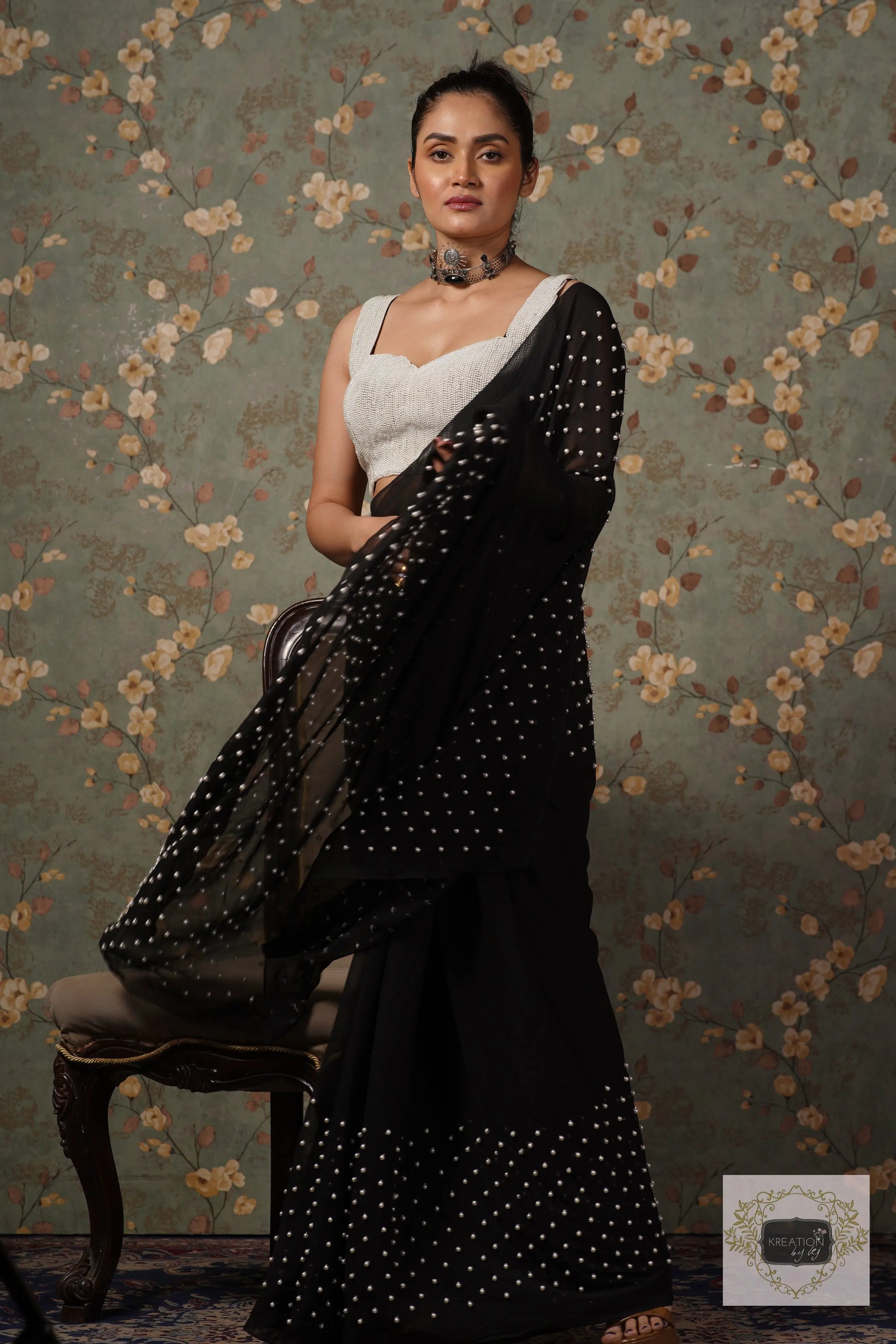 Black Pearl Paradise Georgette Cocktail Saree kreationbykj
