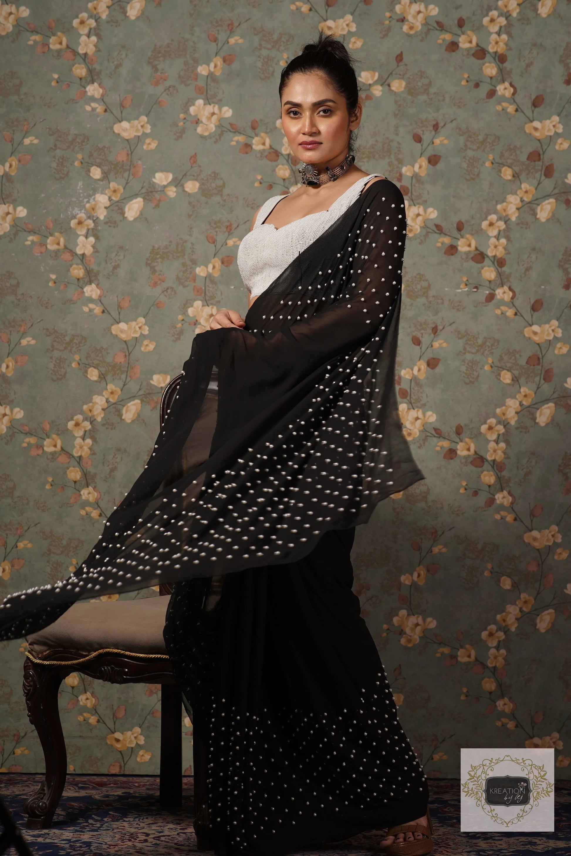 Black Pearl Paradise Georgette Cocktail Saree kreationbykj