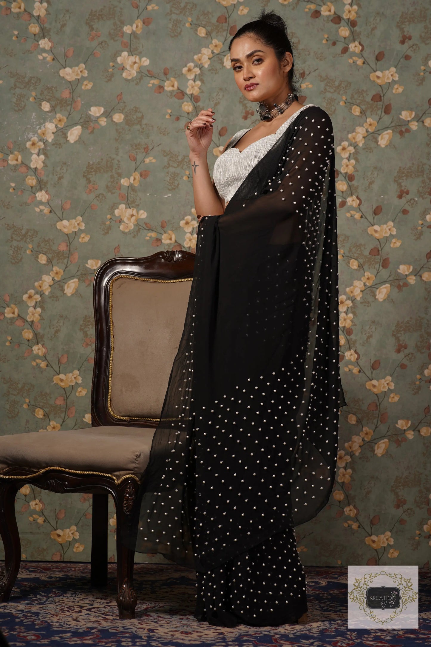 Black Pearl Paradise Georgette Cocktail Saree kreationbykj