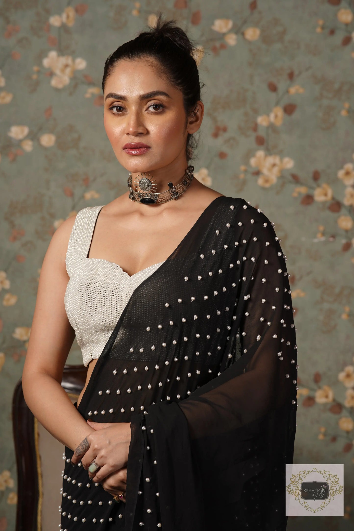 Black Pearl Paradise Georgette Cocktail Saree kreationbykj