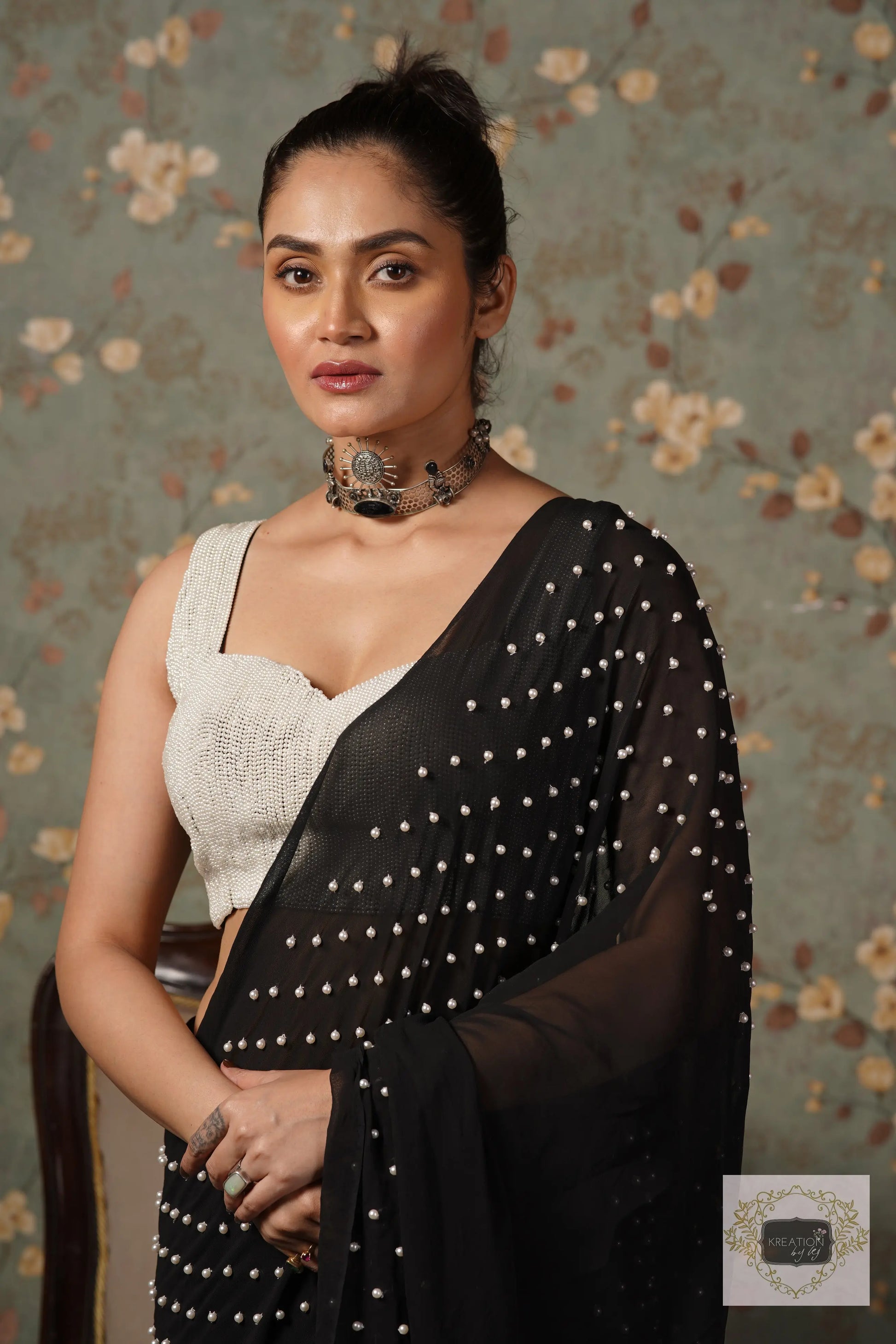 Black Pearl Paradise Georgette Cocktail Saree kreationbykj