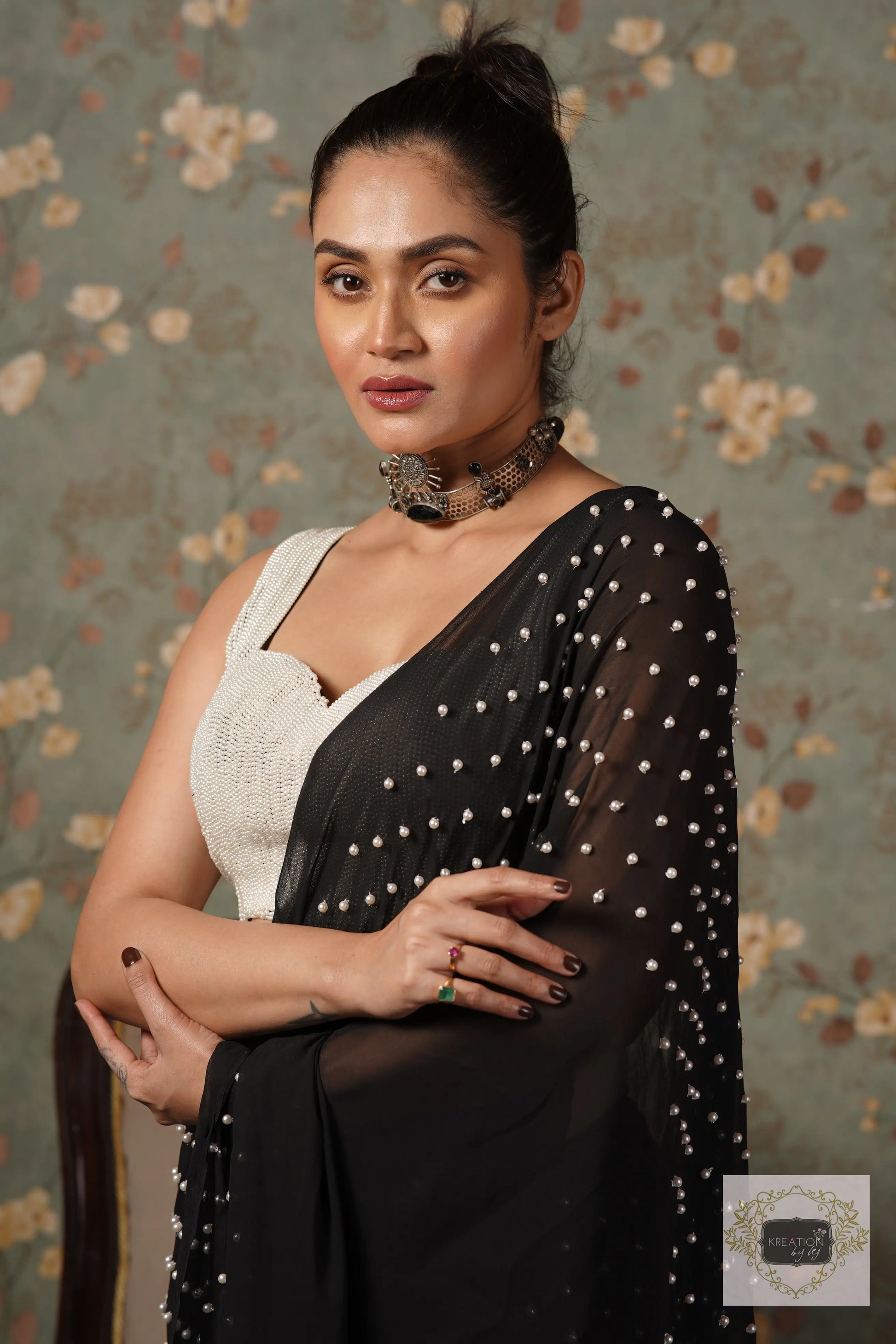 Black Pearl Paradise Georgette Cocktail Saree kreationbykj