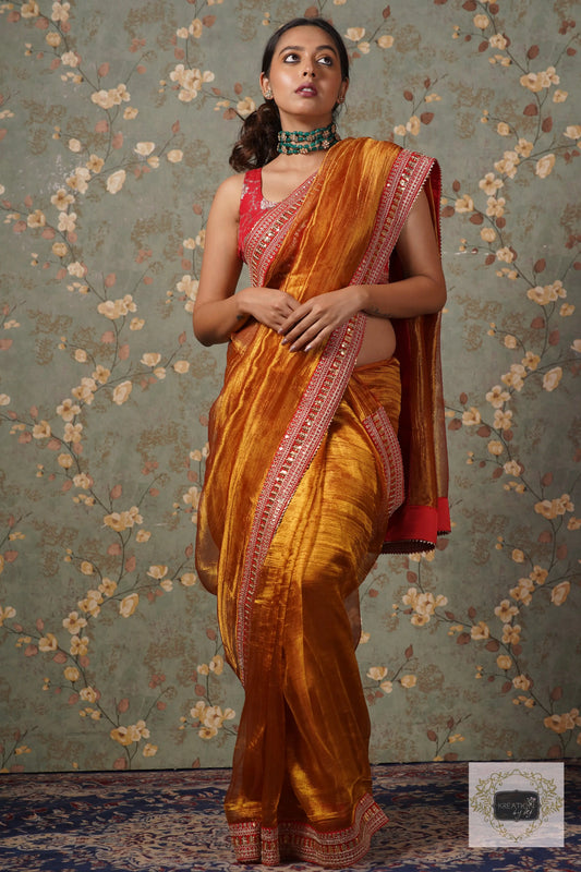 Fiery Gold Zari Tissue Saree with Red Border kreationbykj
