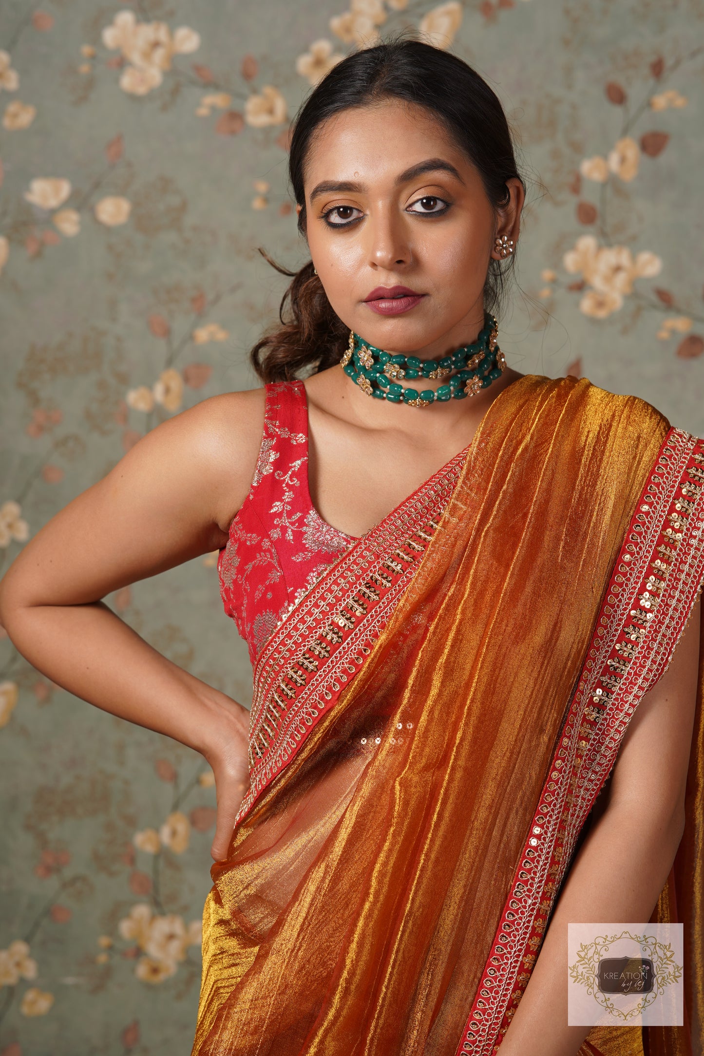 Fiery Gold Zari Tissue Saree with Red Border