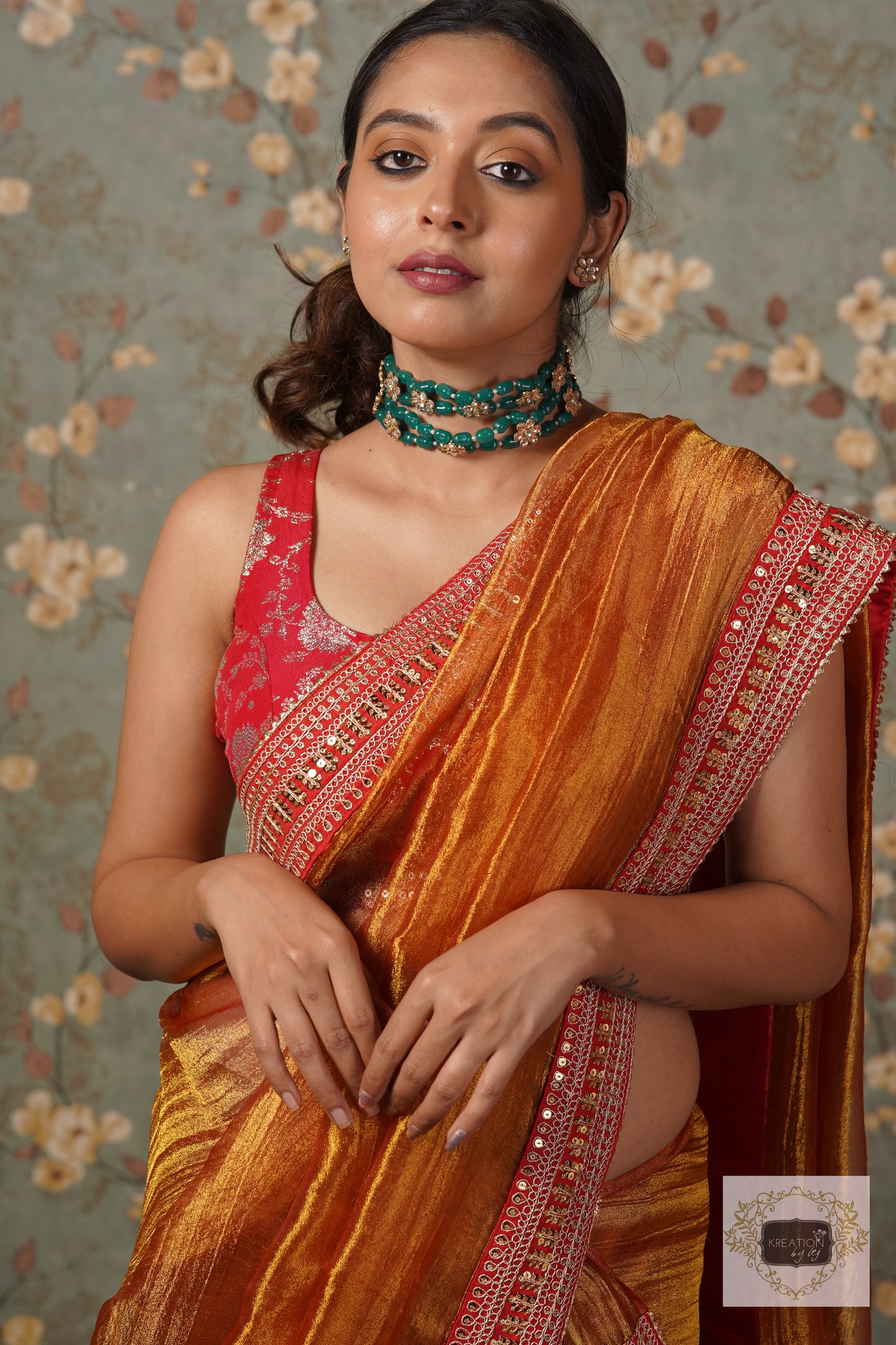 Fiery Gold Zari Tissue Saree with Red Border