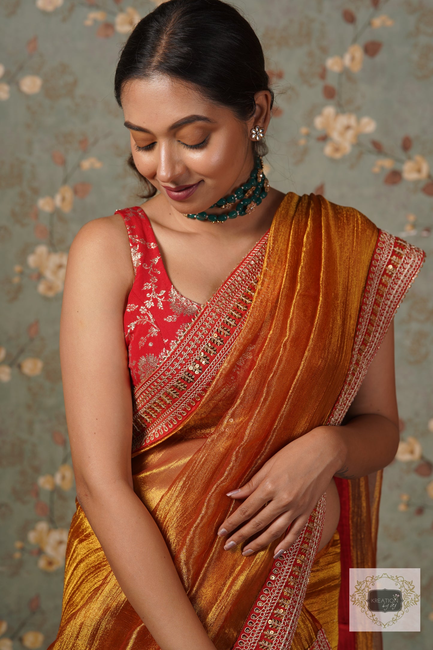 Fiery Gold Zari Tissue Saree with Red Border