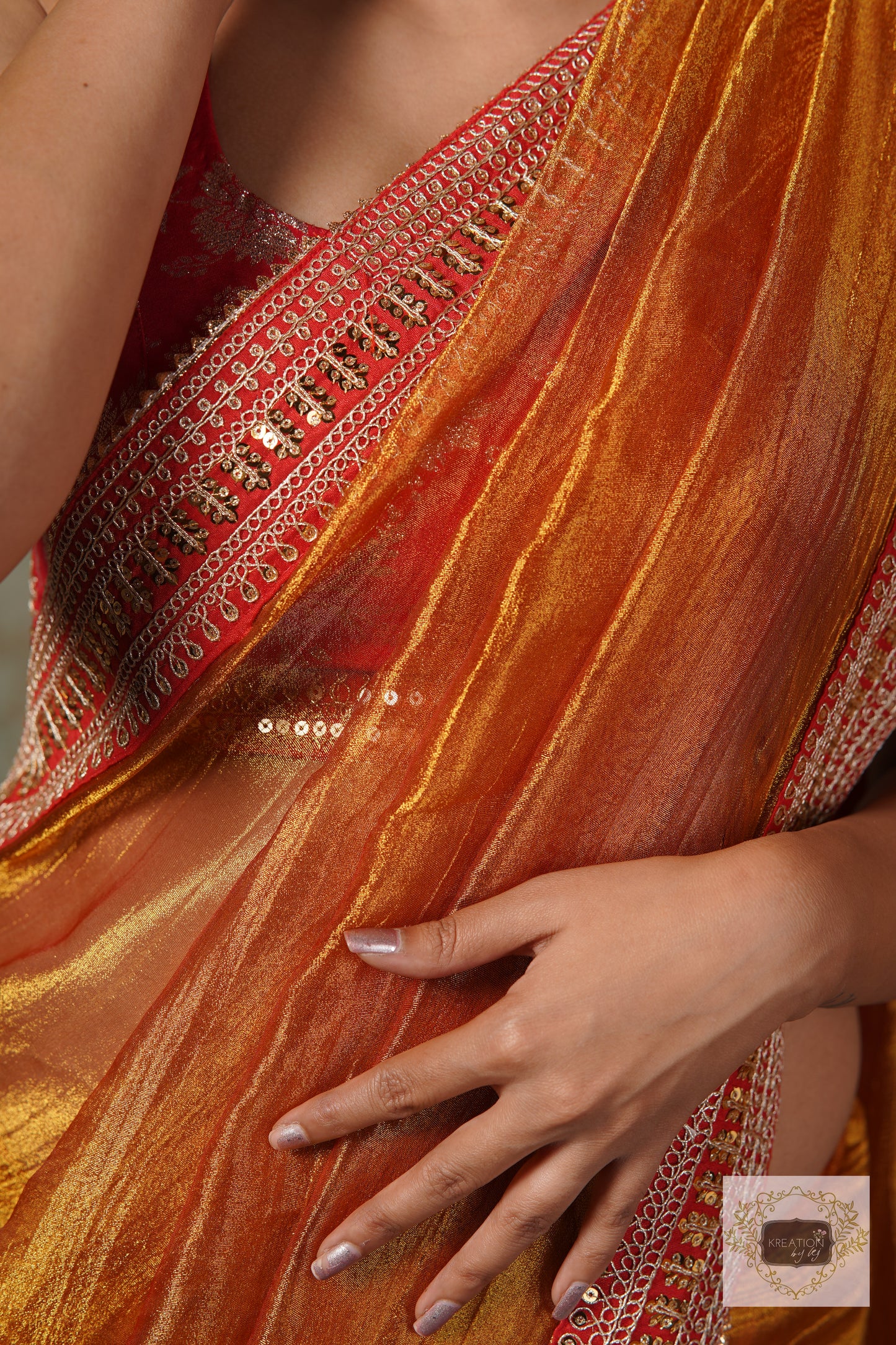 Fiery Gold Zari Tissue Saree with Red Border