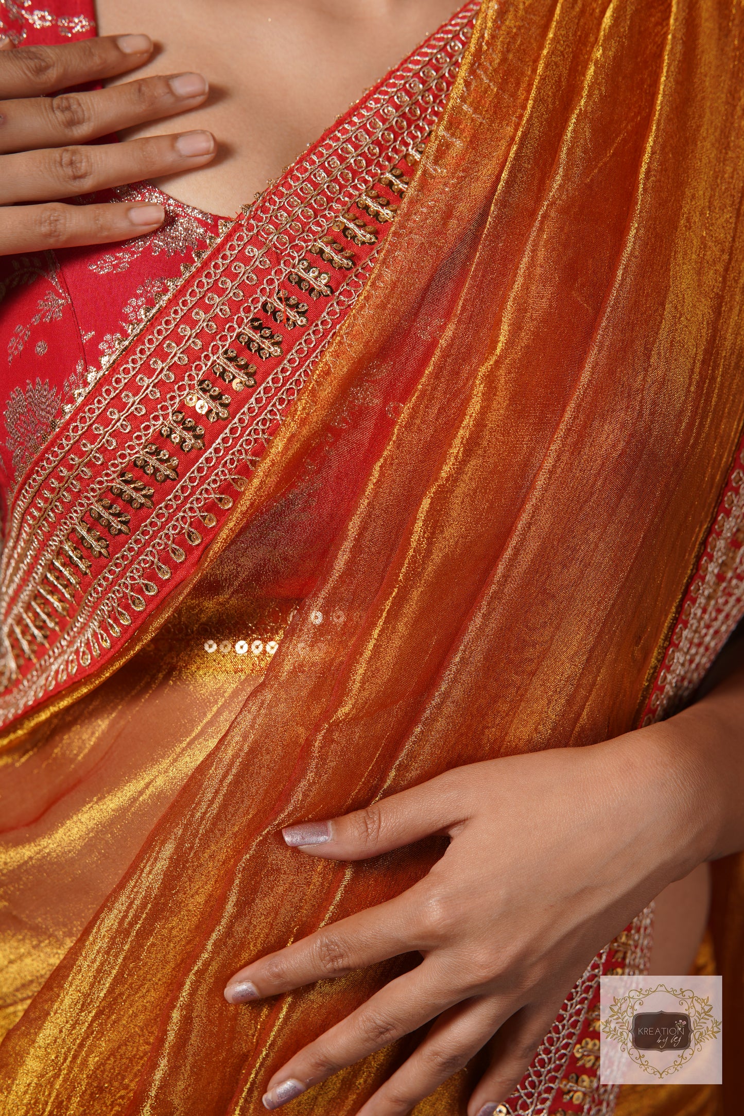 Fiery Gold Zari Tissue Saree with Red Border