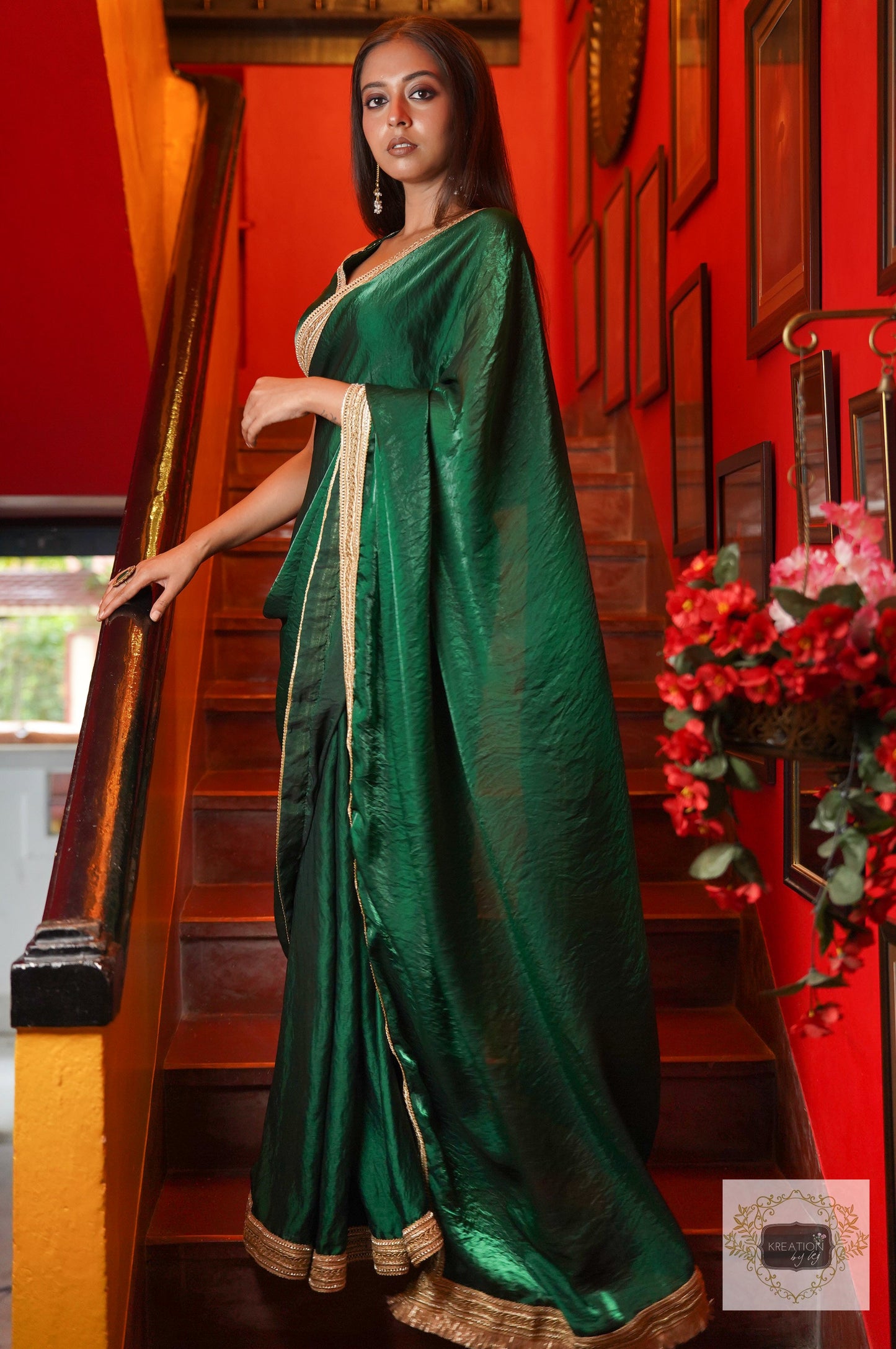 Dark Green Shimmer Satin Cocktail Saree kreationbykj