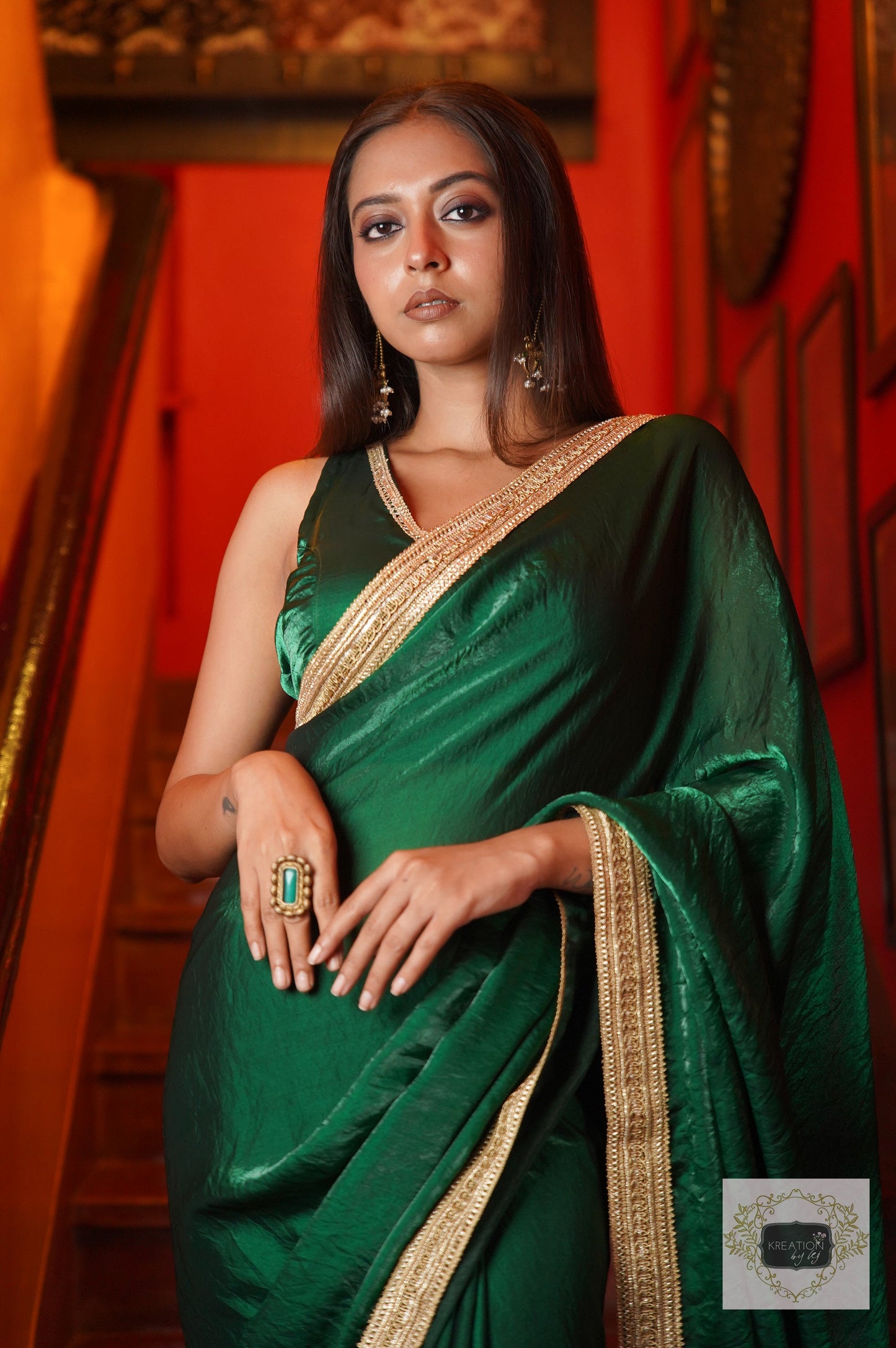 Dark Green Shimmer Satin Cocktail Saree kreationbykj