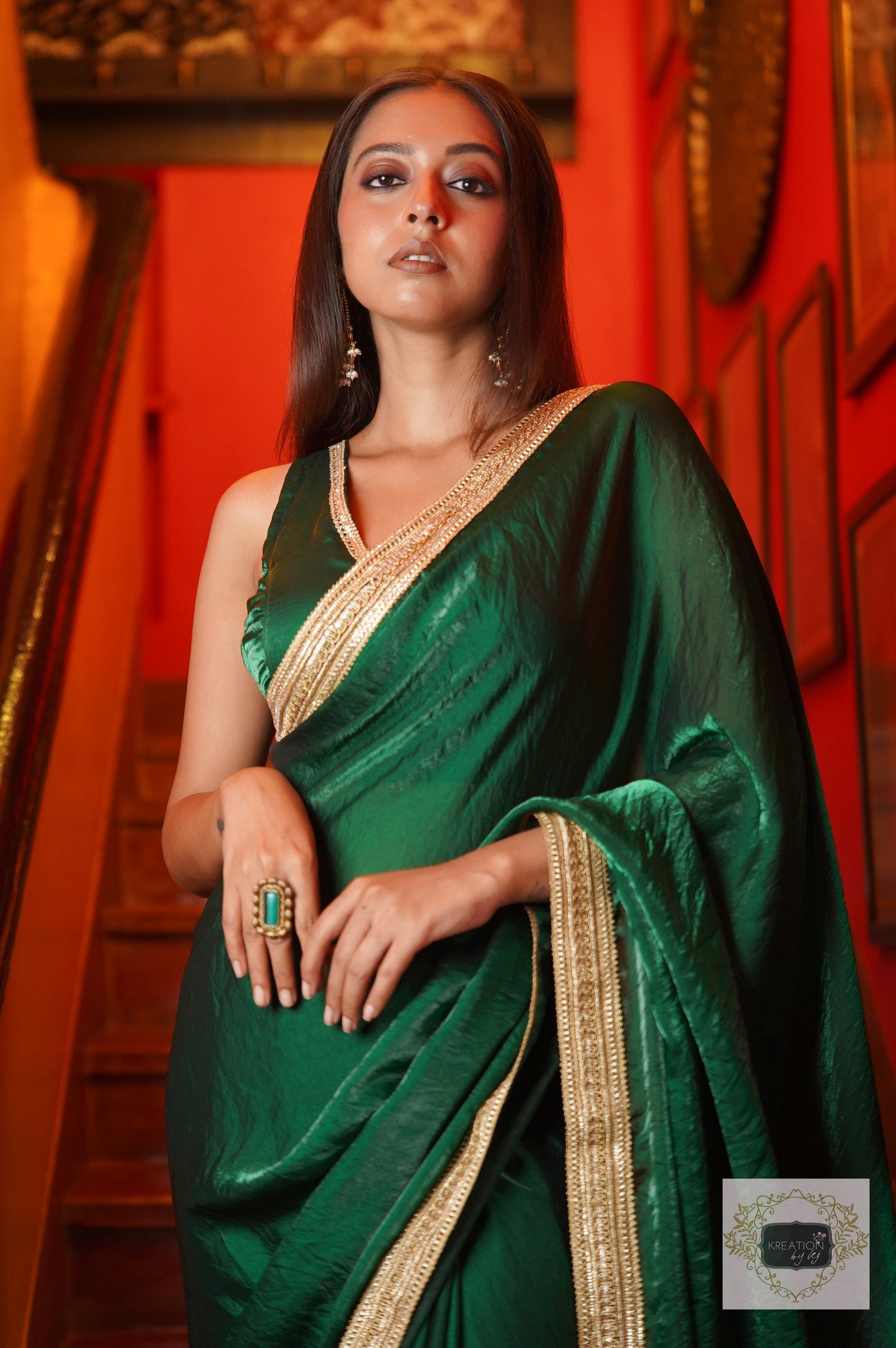 Dark Green Shimmer Satin Cocktail Saree kreationbykj