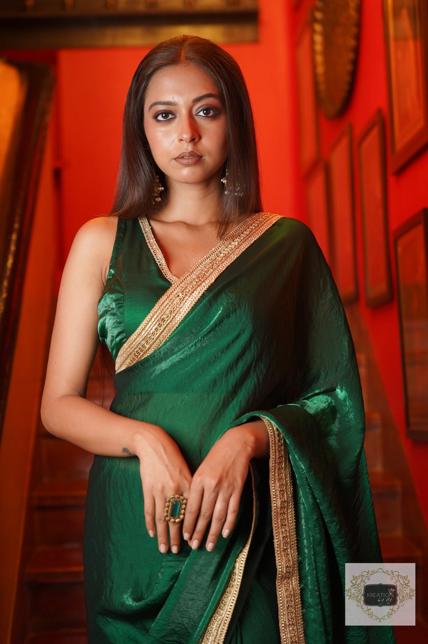 Dark Green Shimmer Satin Cocktail Saree kreationbykj