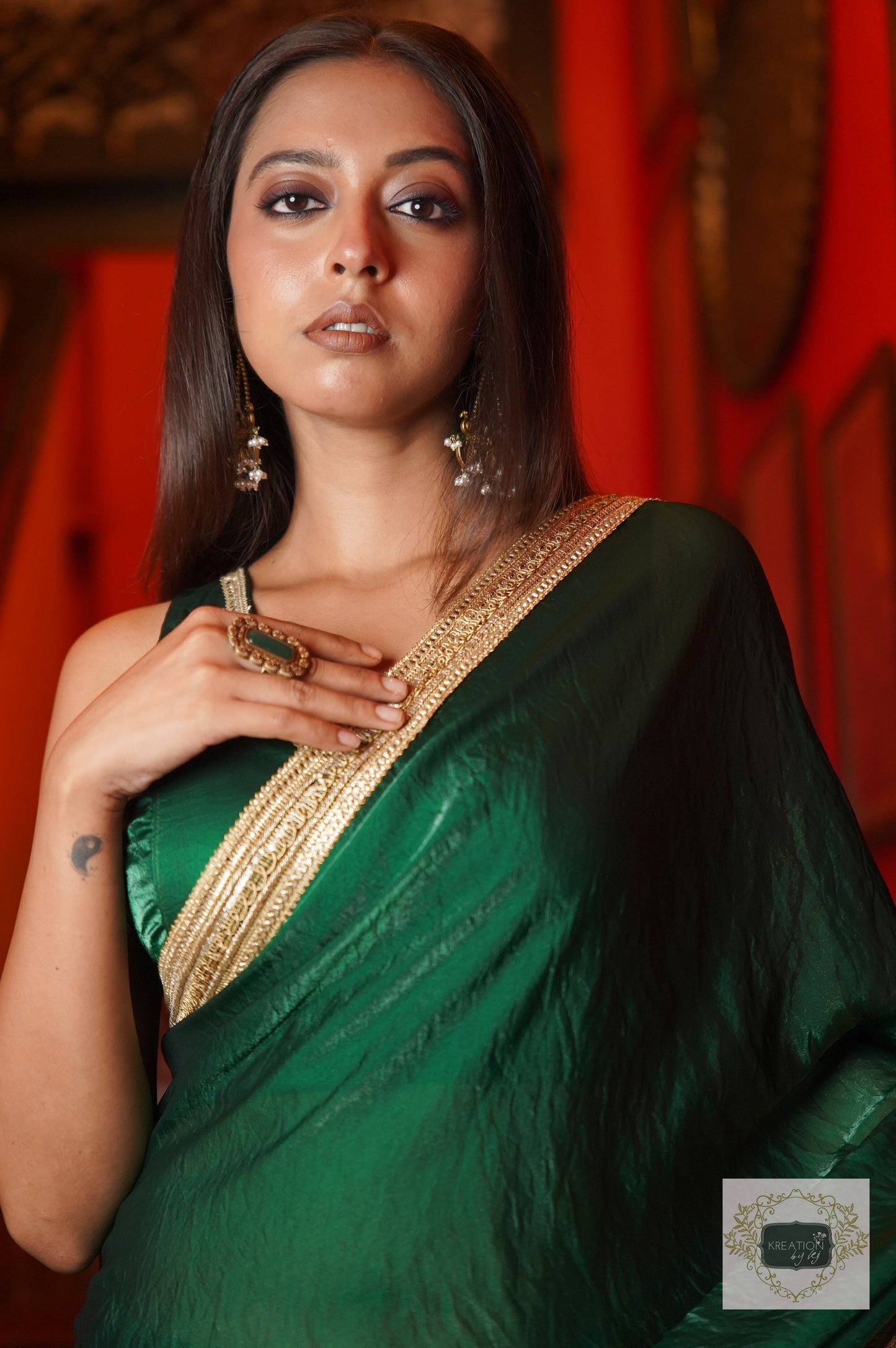 Dark Green Shimmer Satin Cocktail Saree kreationbykj