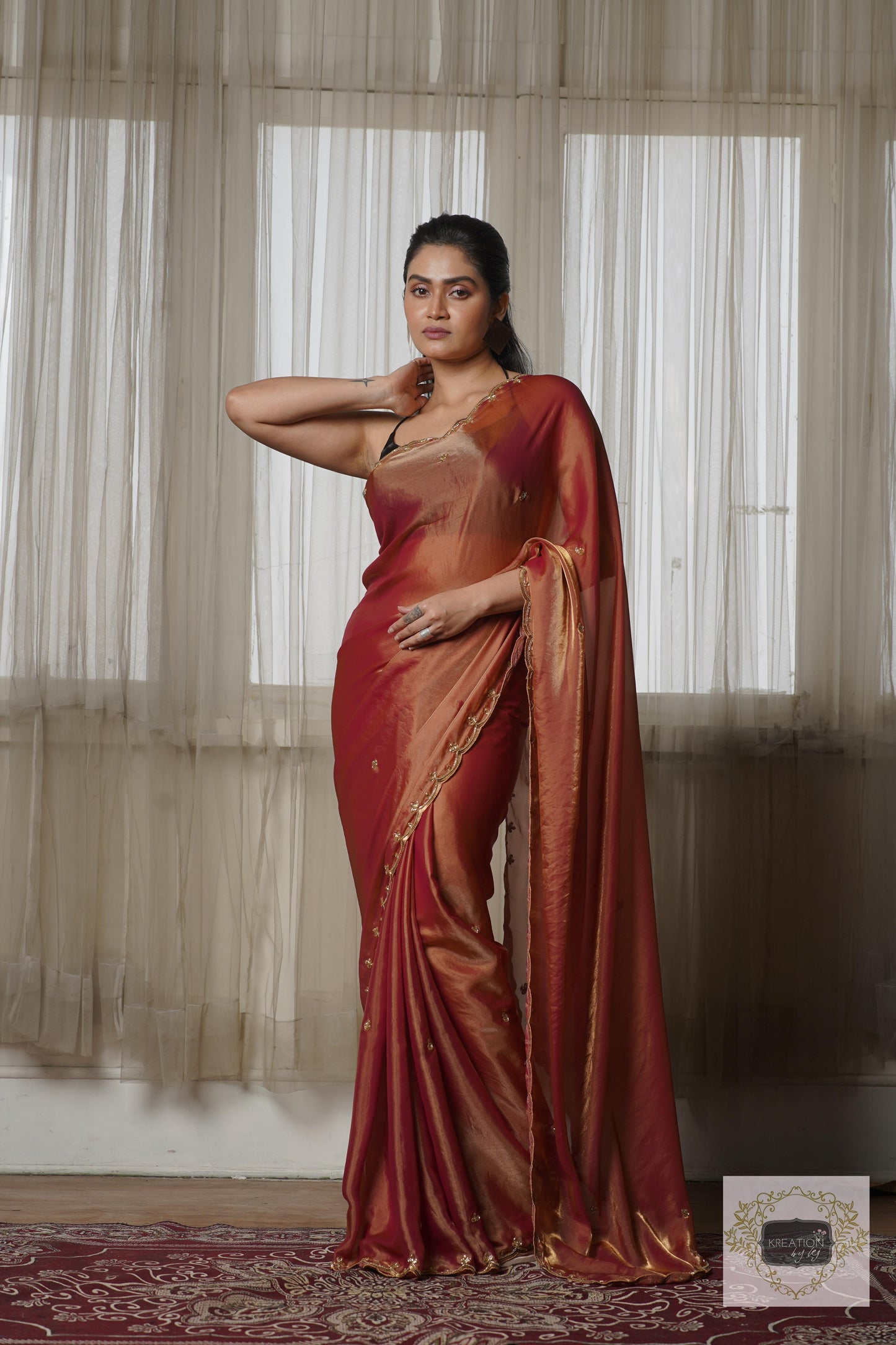 Hot Pink Metallic Shimmer Satin Sequin Piyali Saree kreationbykj