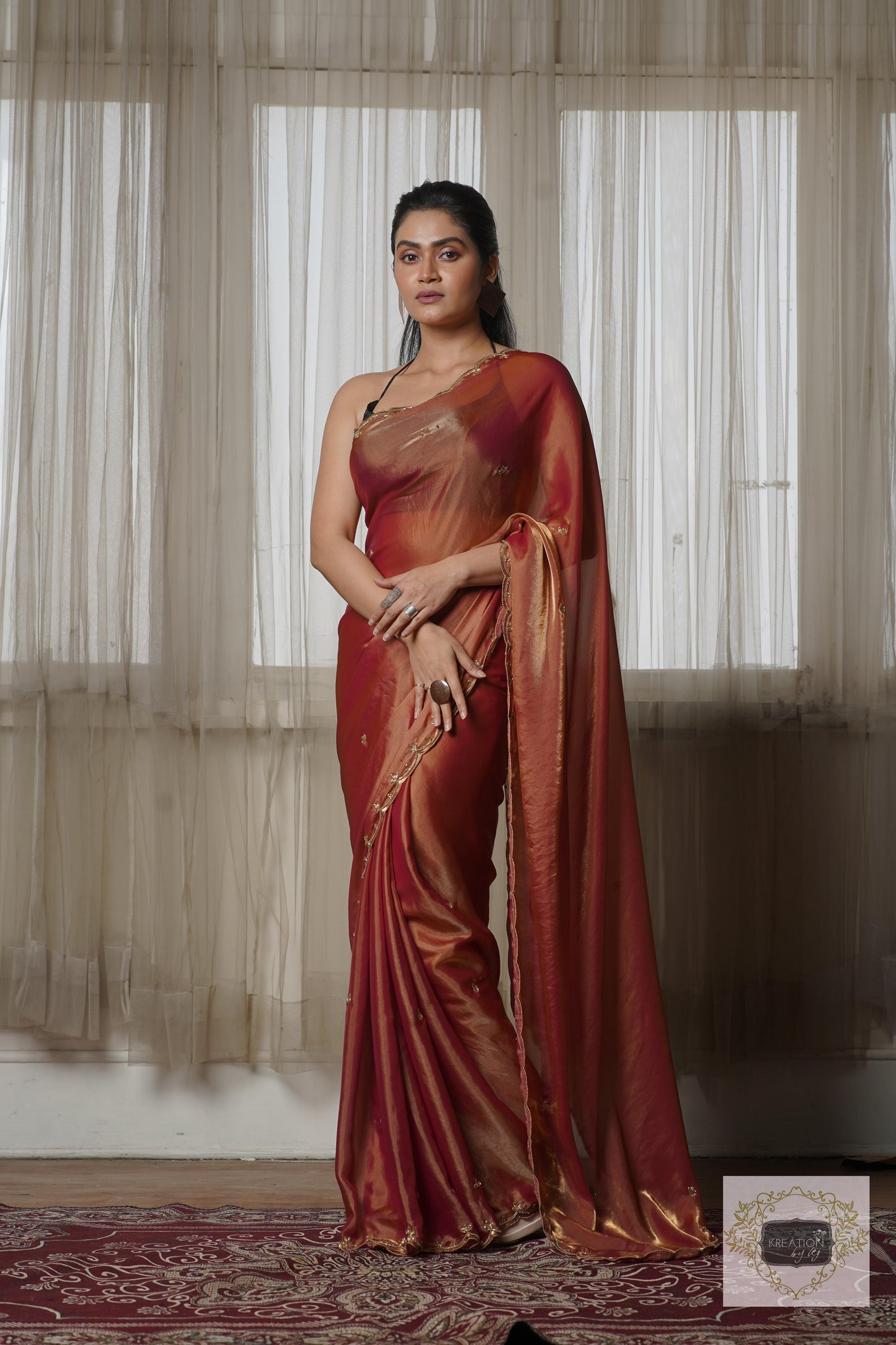 Hot Pink Metallic Shimmer Satin Sequin Piyali Saree kreationbykj