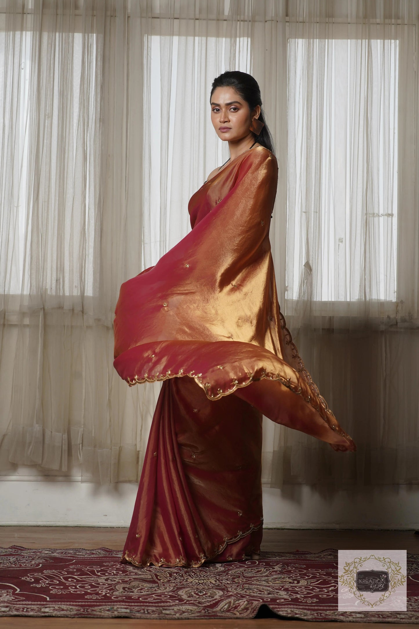 Hot Pink Metallic Shimmer Satin Sequin Piyali Saree kreationbykj