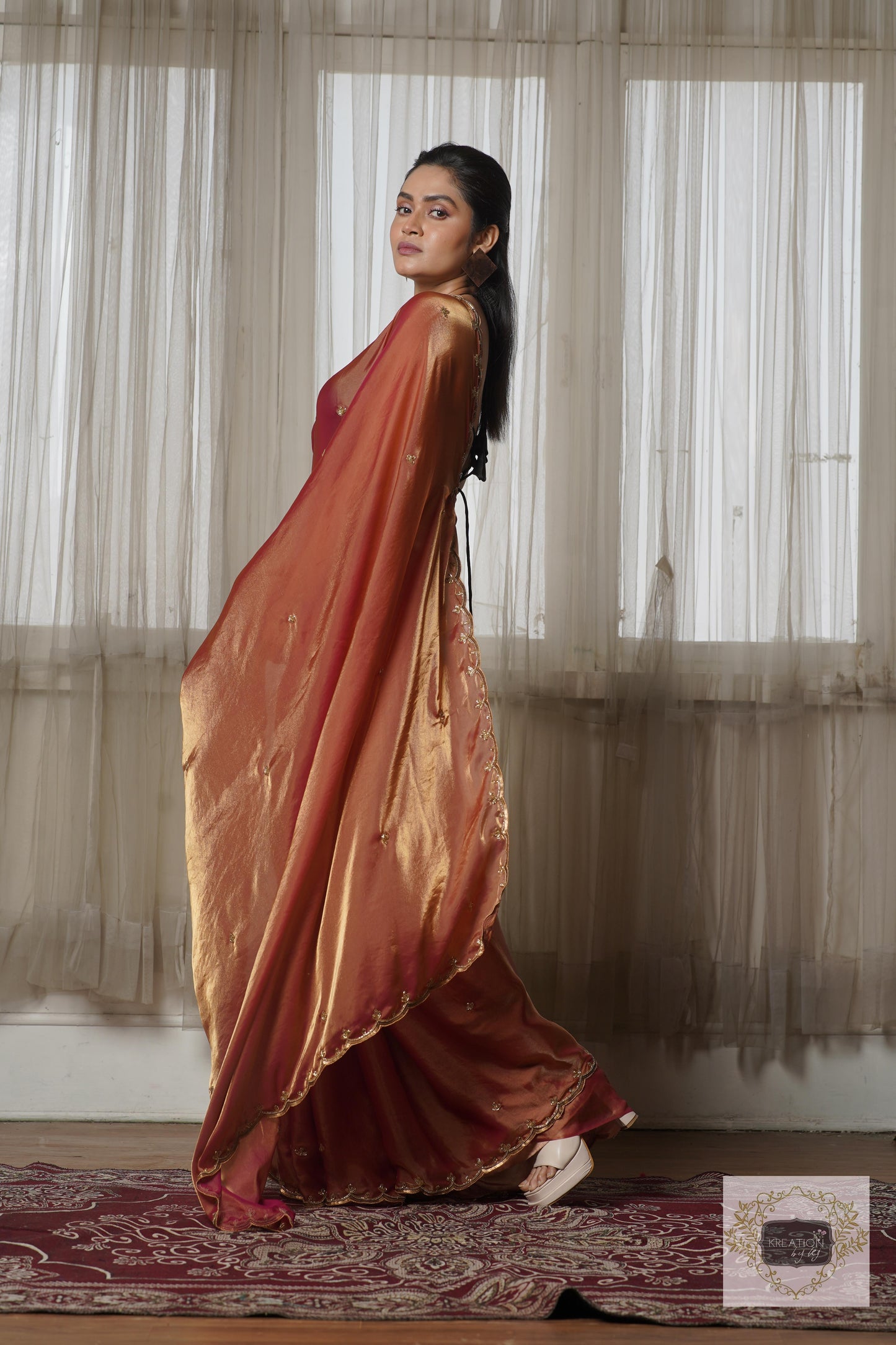 Hot Pink Metallic Shimmer Satin Sequin Piyali Saree kreationbykj
