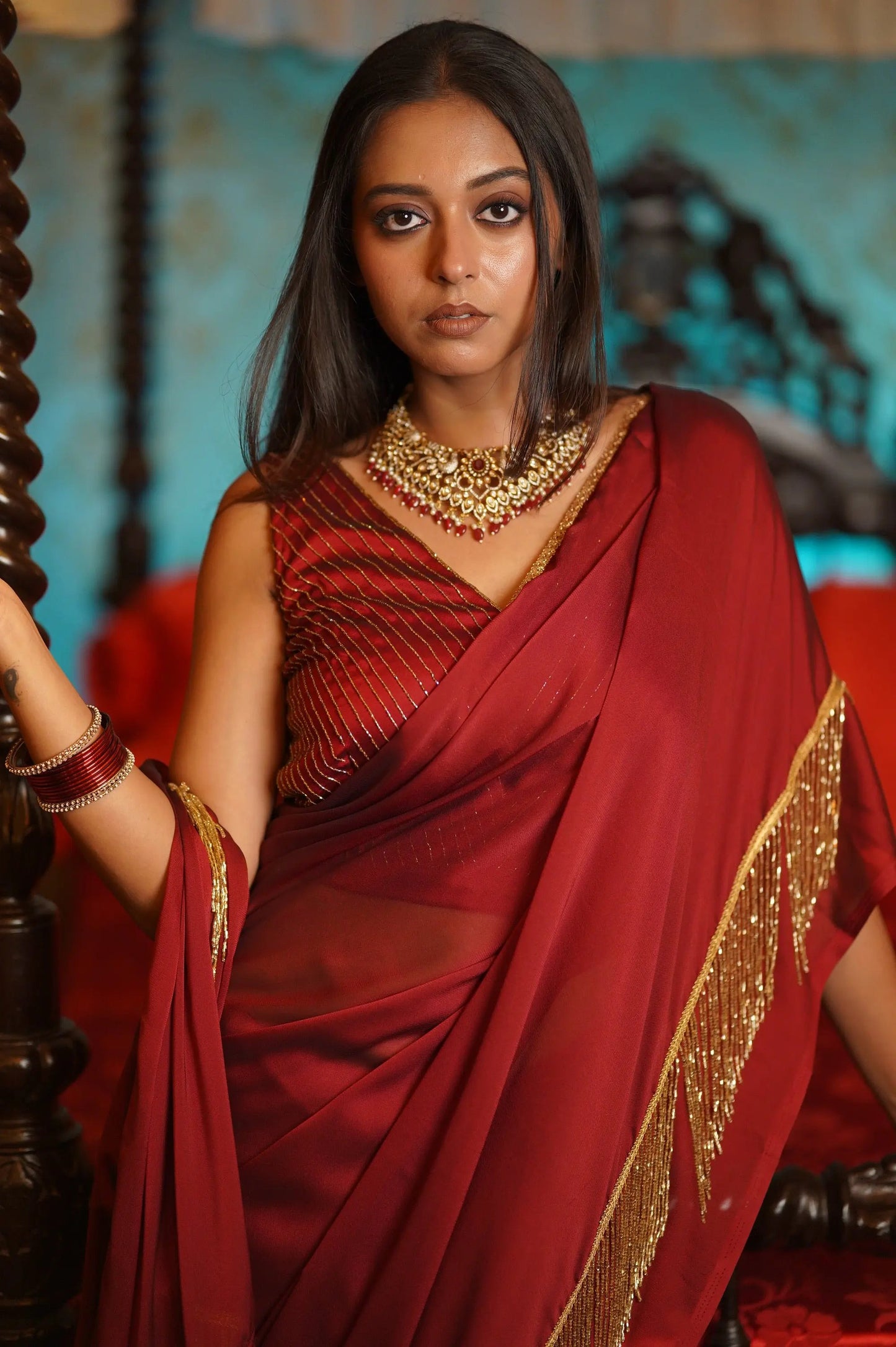 Maroon Charm Tassles Cocktail Saree kreationbykj