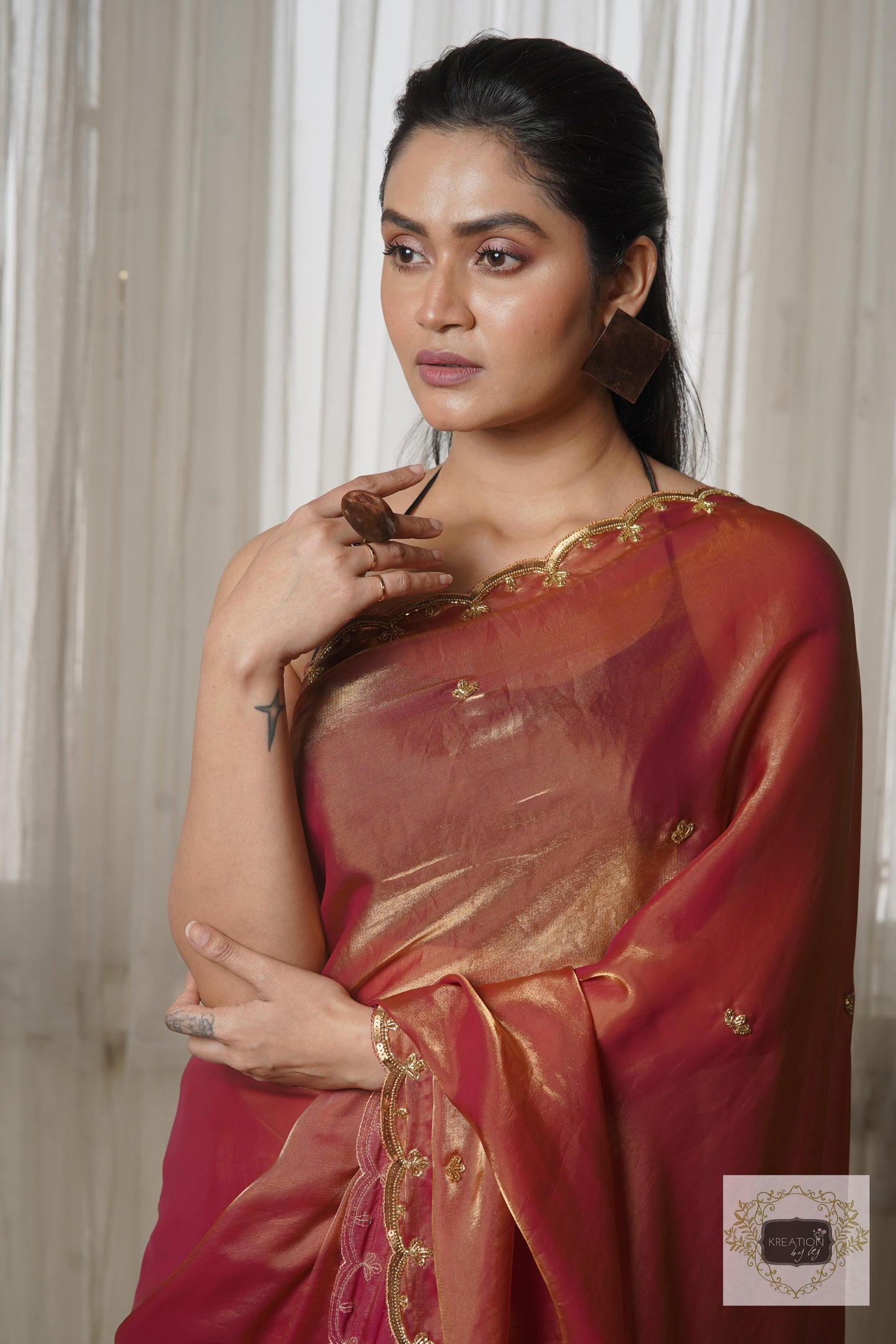 Hot Pink Metallic Shimmer Satin Sequin Piyali Saree kreationbykj