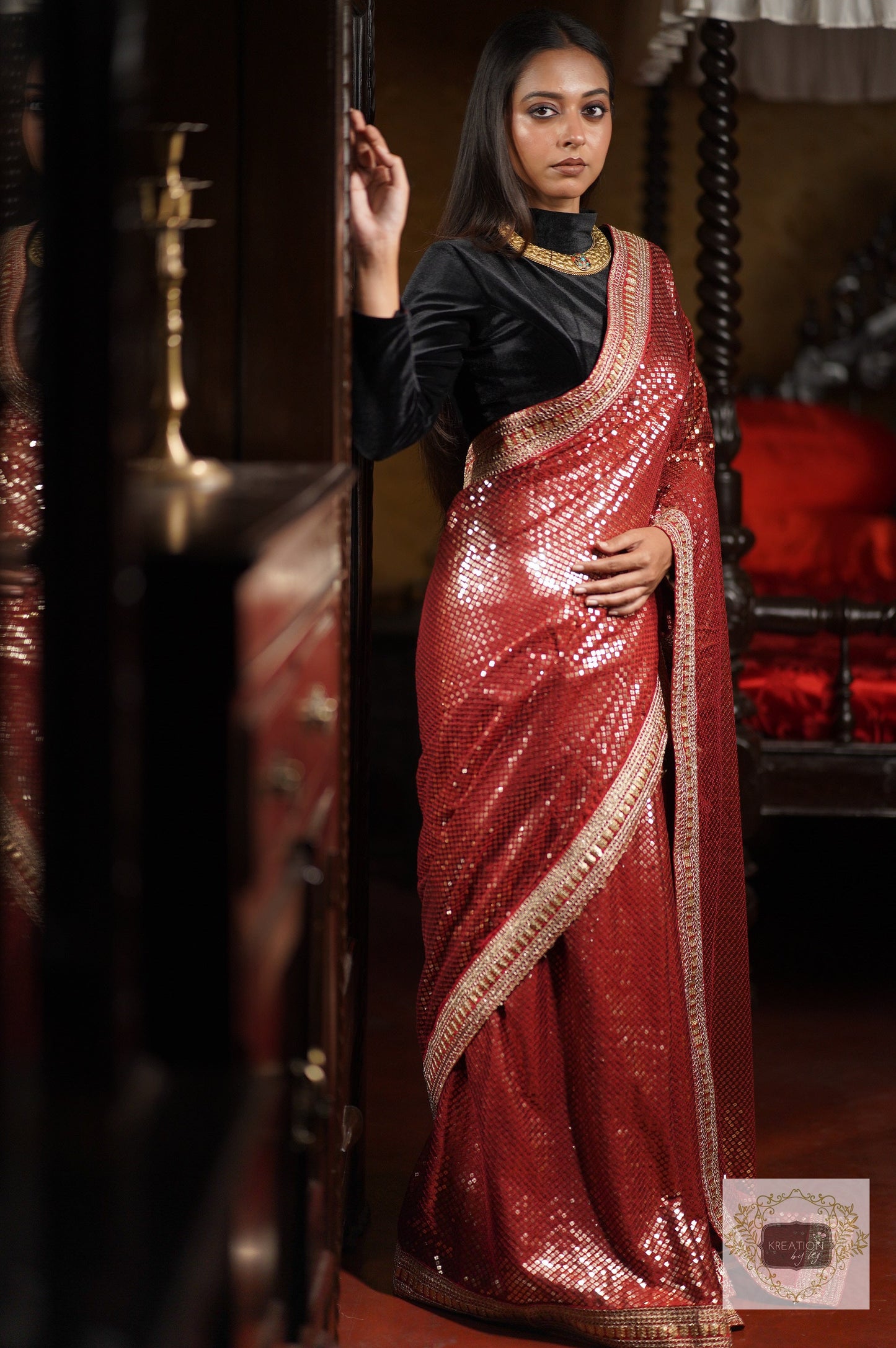 Ruby Radiance Maroon Sequin Saree kreationbykj