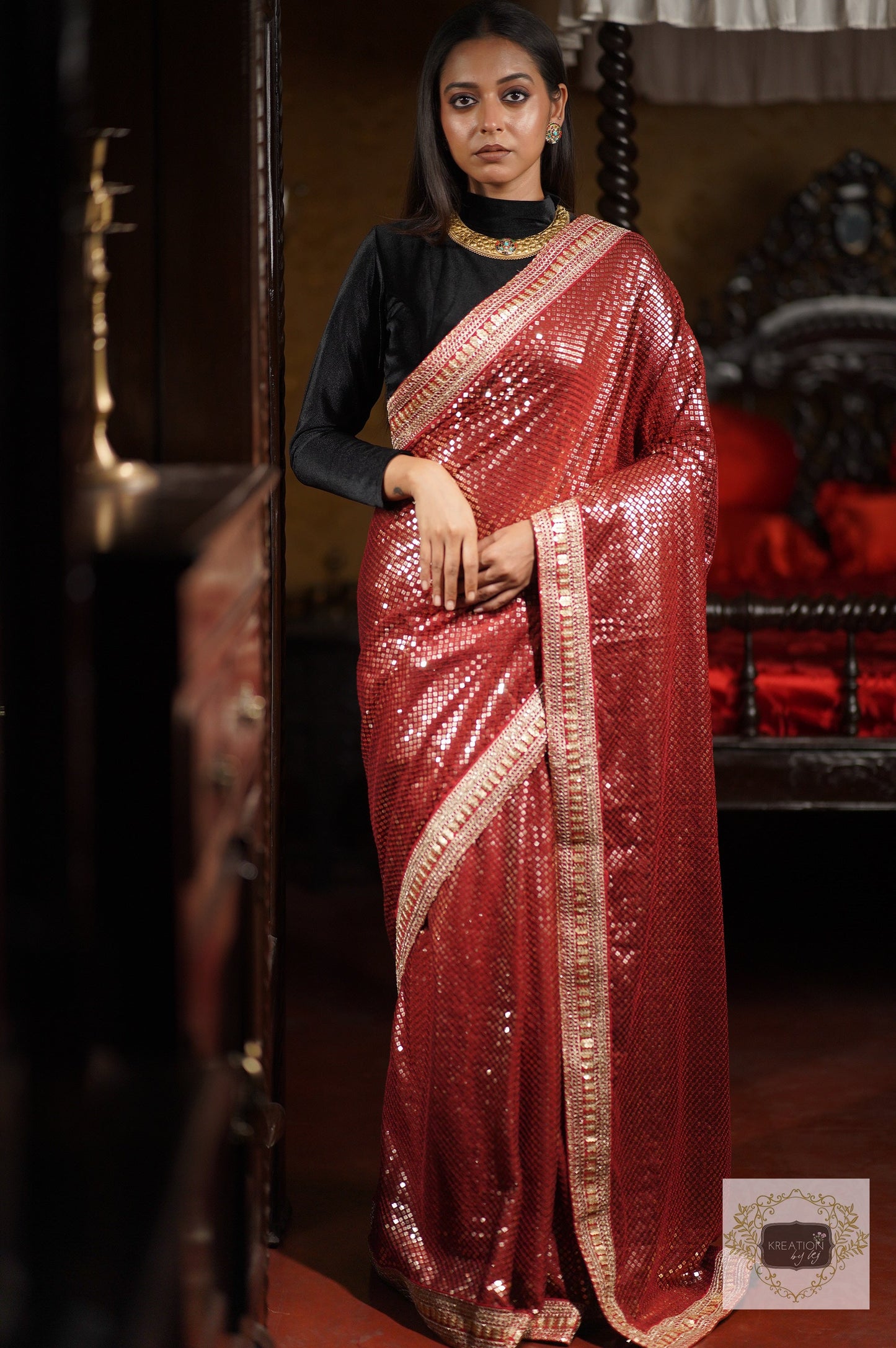 Ruby Radiance Maroon Sequin Saree kreationbykj