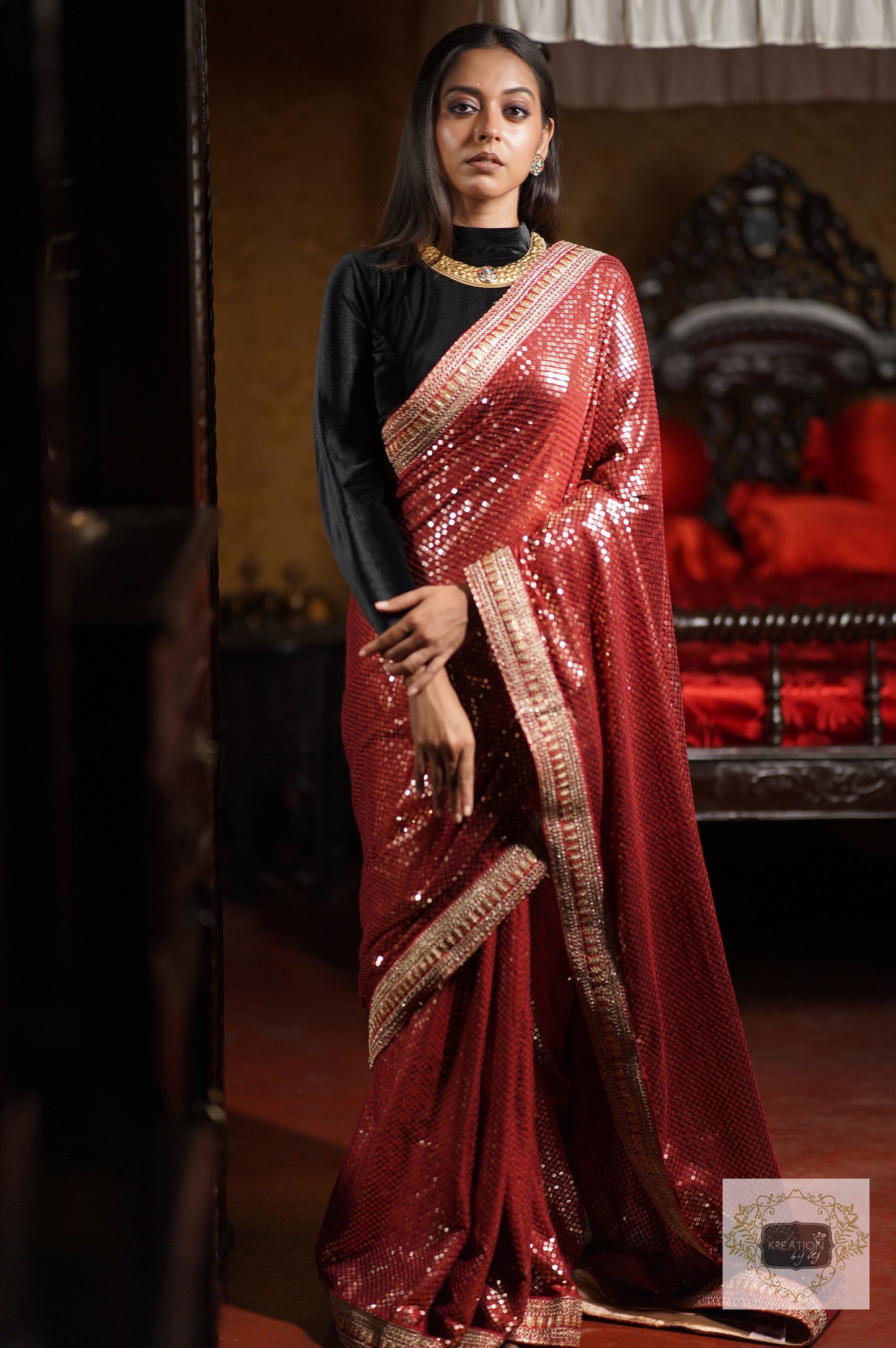 Ruby Radiance Maroon Sequin Saree kreationbykj