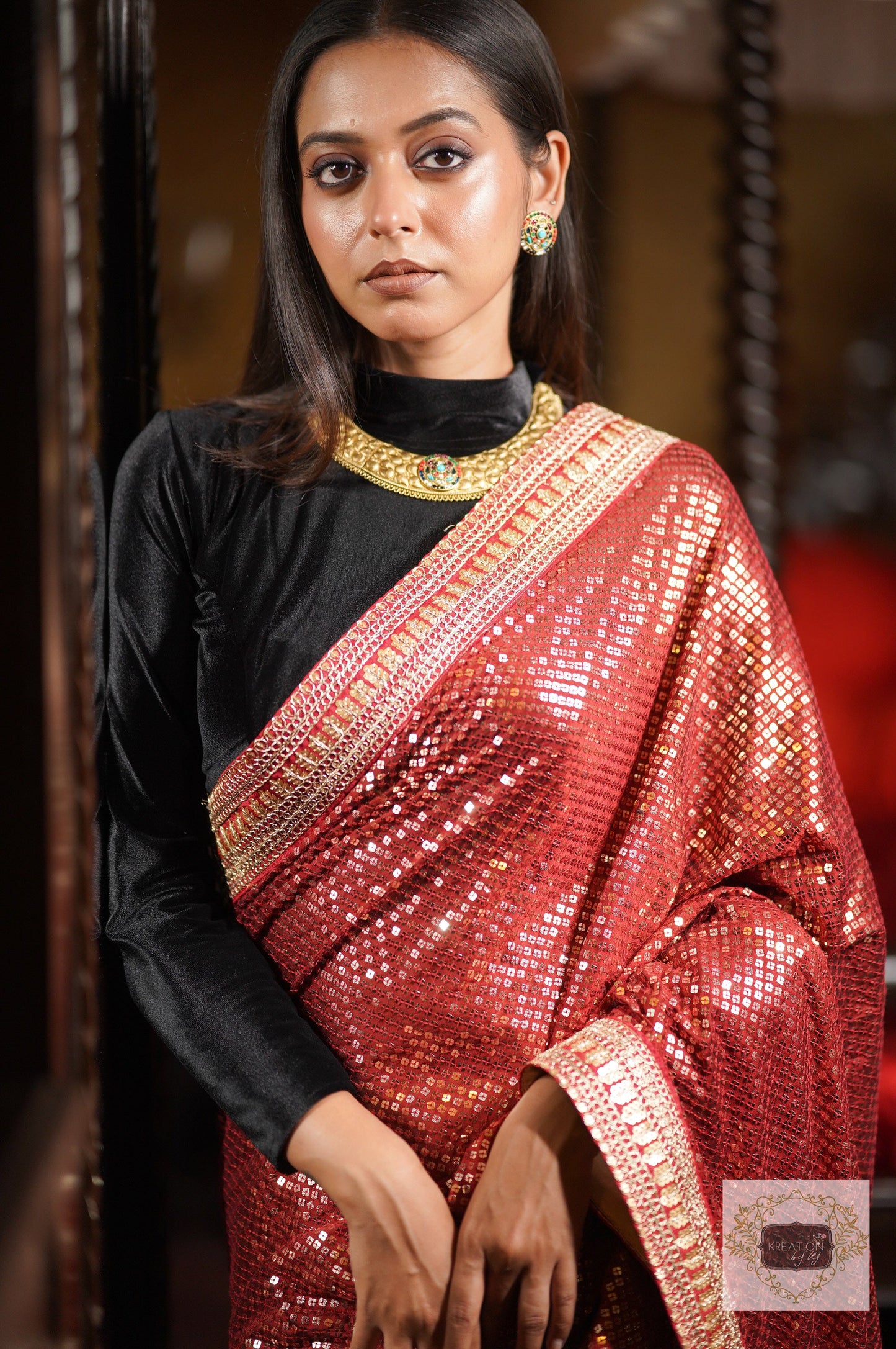 Ruby Radiance Maroon Sequin Saree kreationbykj
