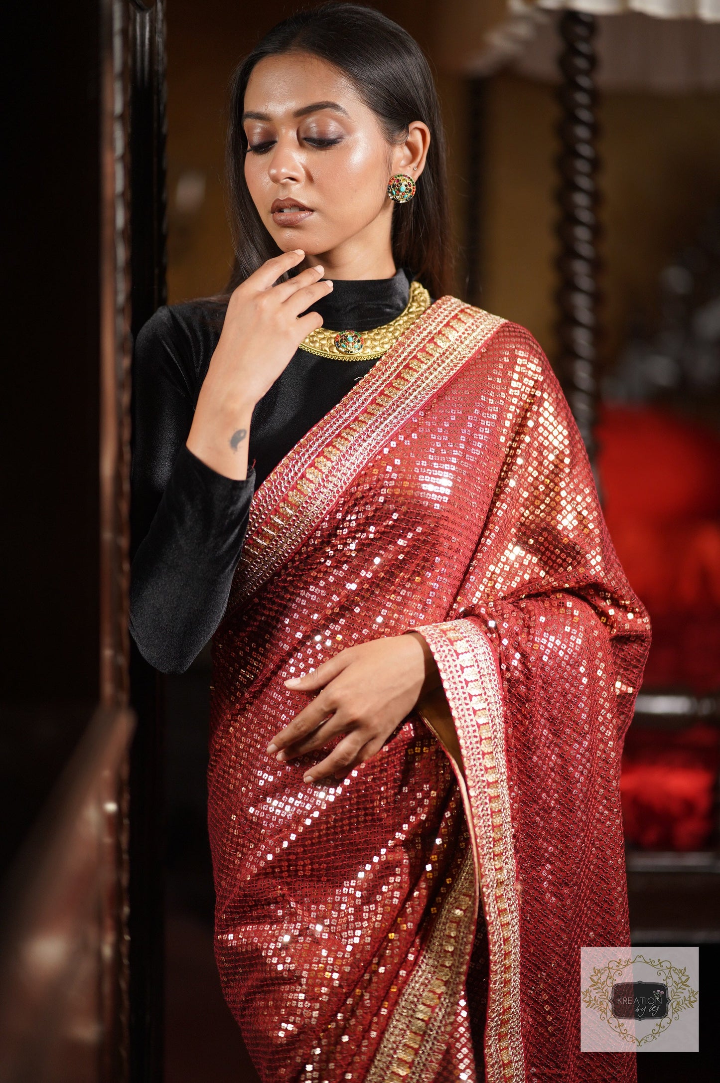 Ruby Radiance Maroon Sequin Saree kreationbykj