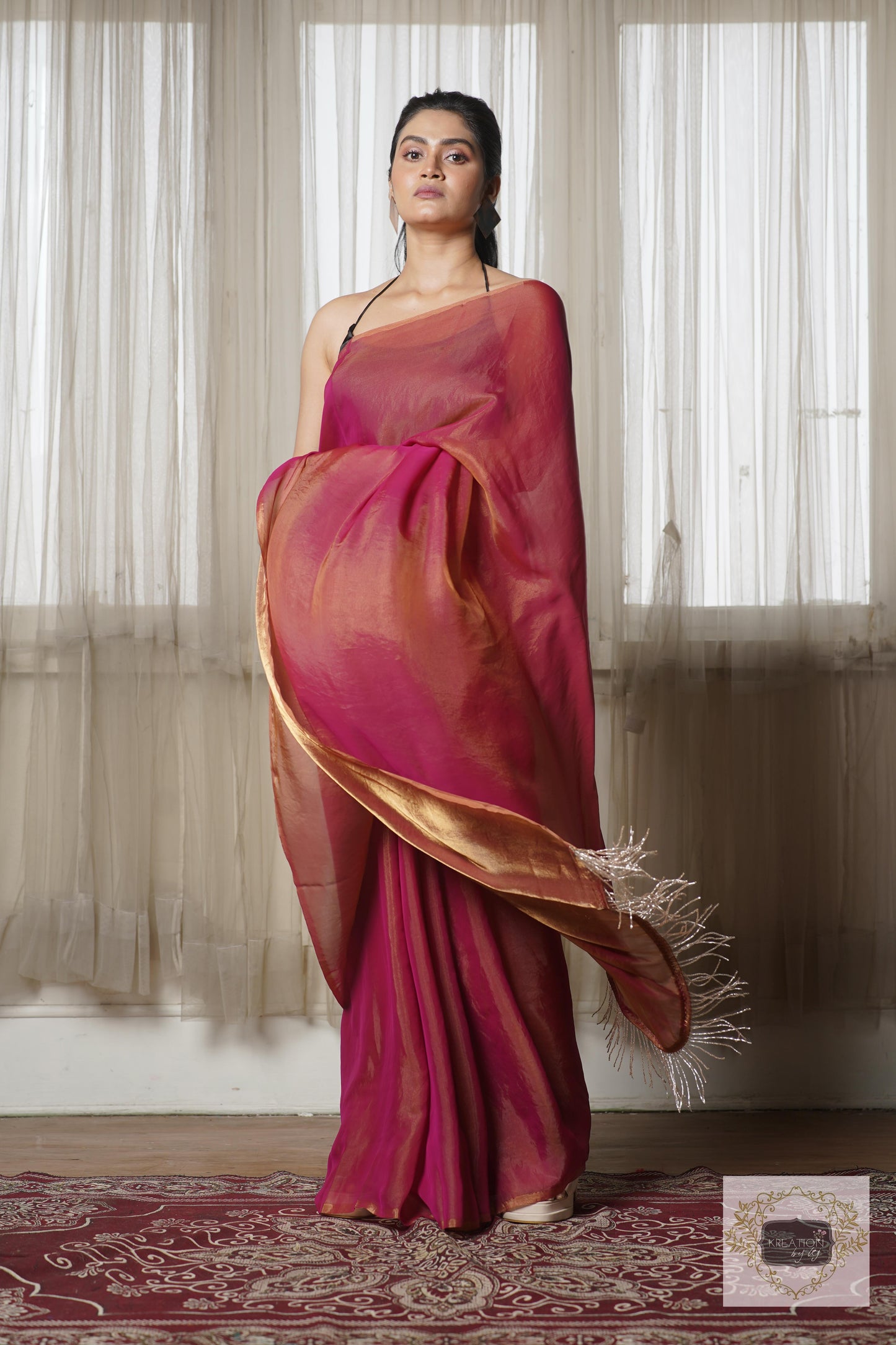 Molten Hot Pink Metallic Shimmer Satin Cocktail Saree kreationbykj