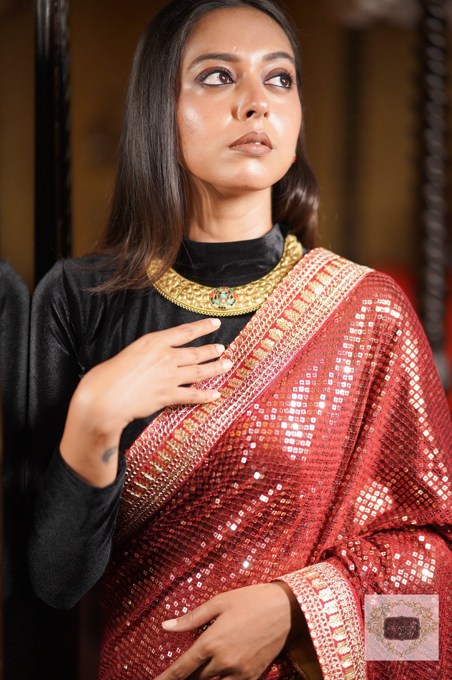 Ruby Radiance Maroon Sequin Saree kreationbykj