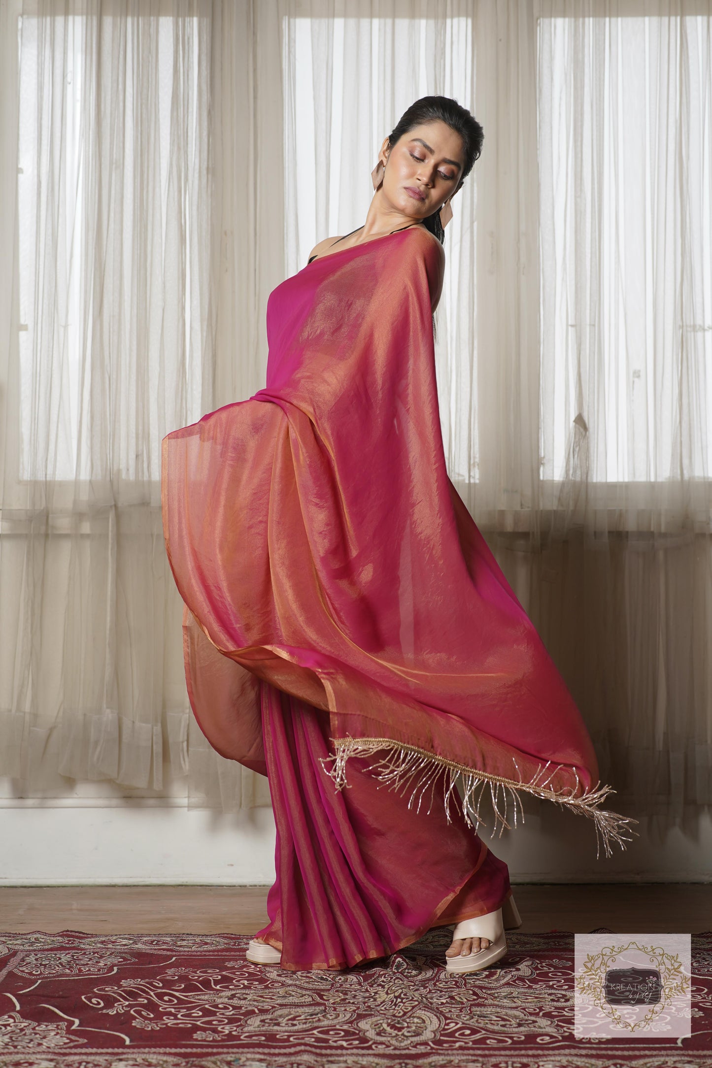 Molten Hot Pink Metallic Shimmer Satin Cocktail Saree kreationbykj