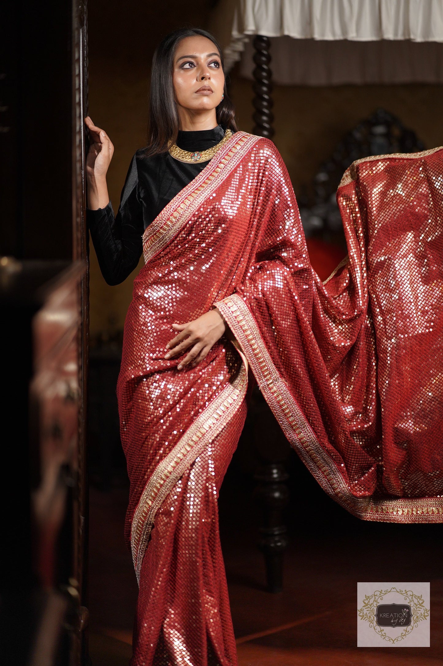 Ruby Radiance Maroon Sequin Saree kreationbykj