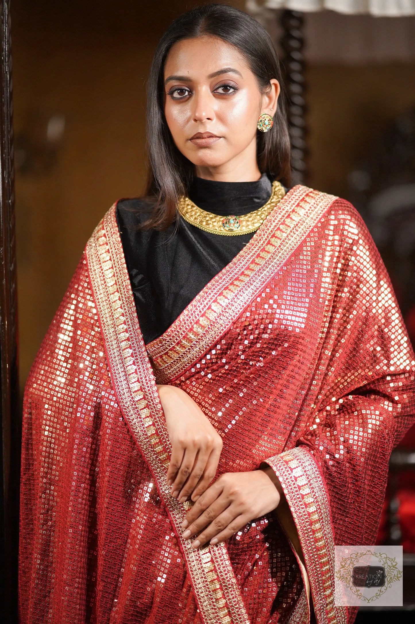 Ruby Radiance Maroon Sequin Saree kreationbykj