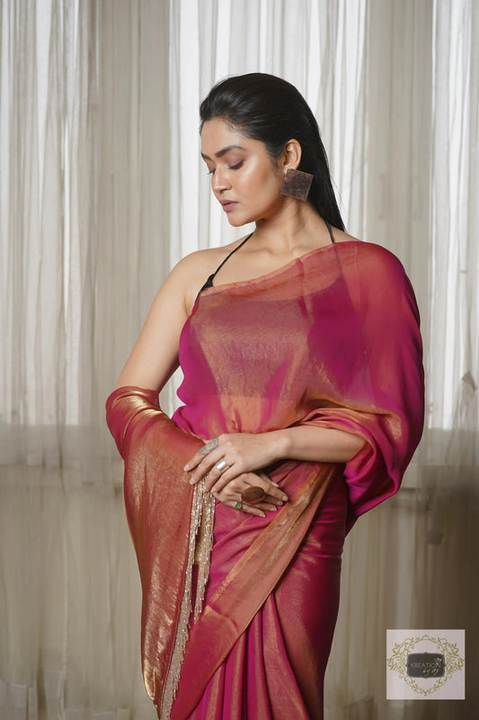 Molten Hot Pink Metallic Shimmer Satin Cocktail Saree kreationbykj