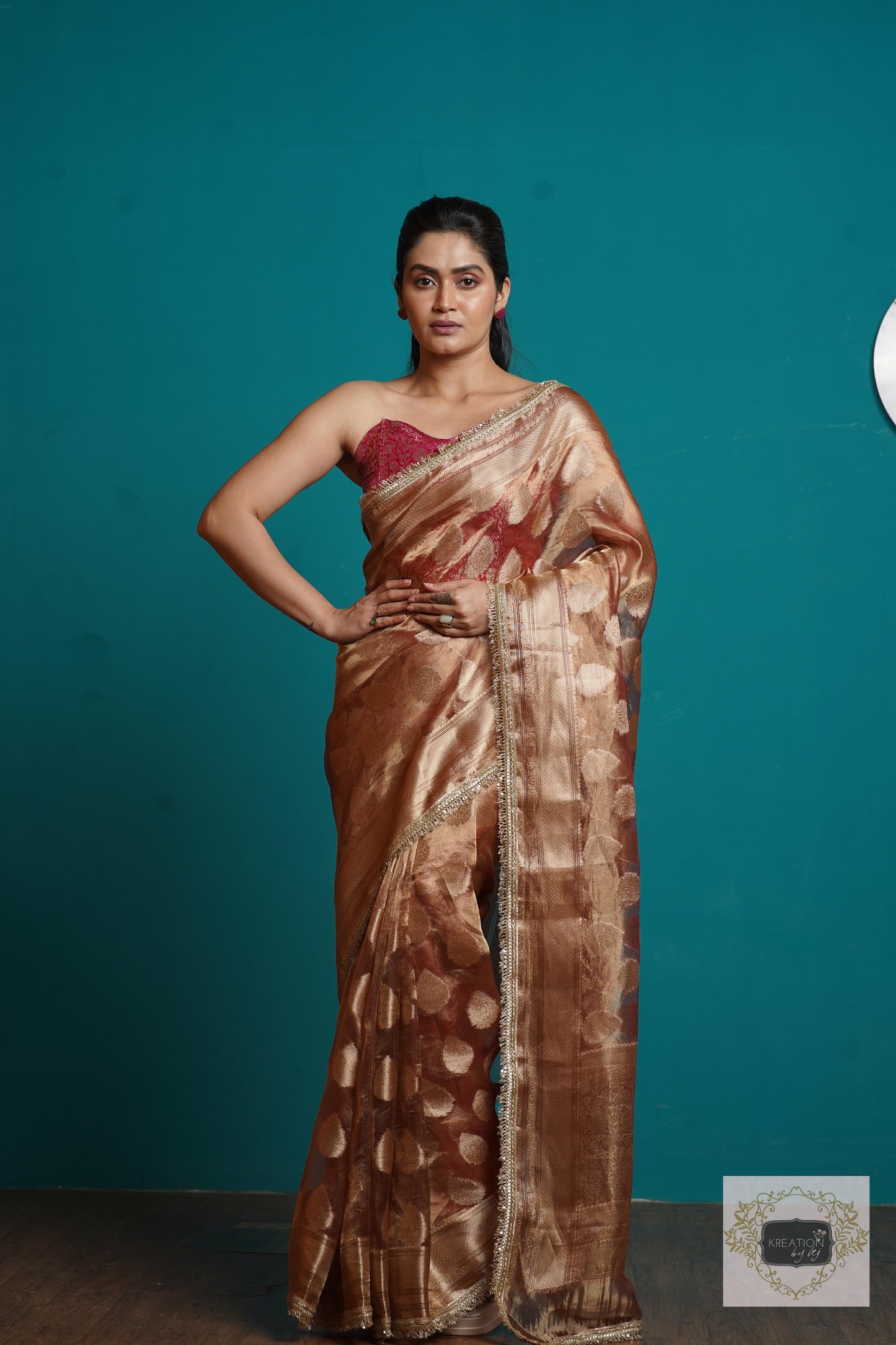 Rose Gold Tissue Banarasi Saree With Gota and Sequins Border kreationbykj