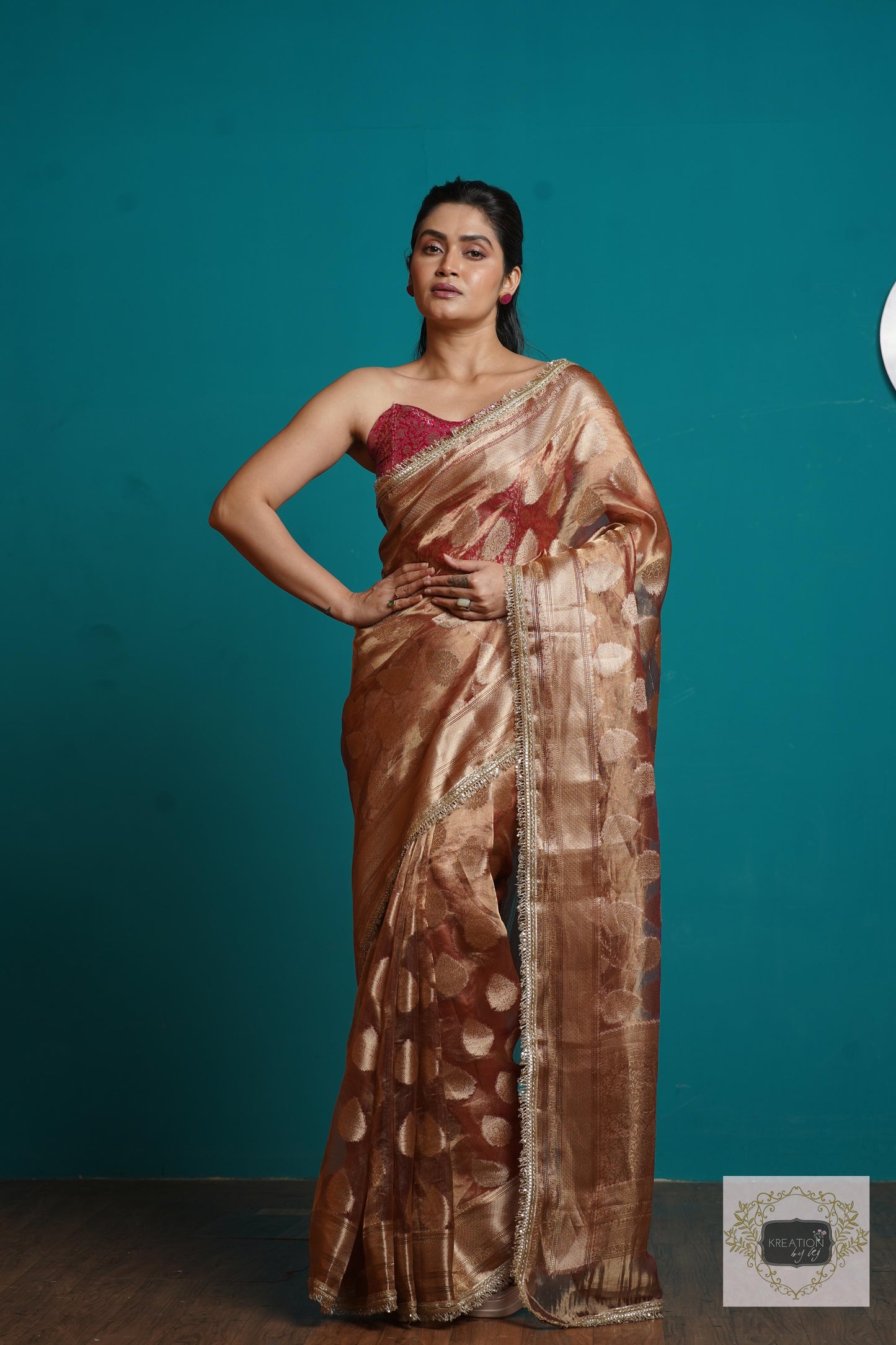 Rose Gold Tissue Banarasi Saree With Gota and Sequins Border kreationbykj