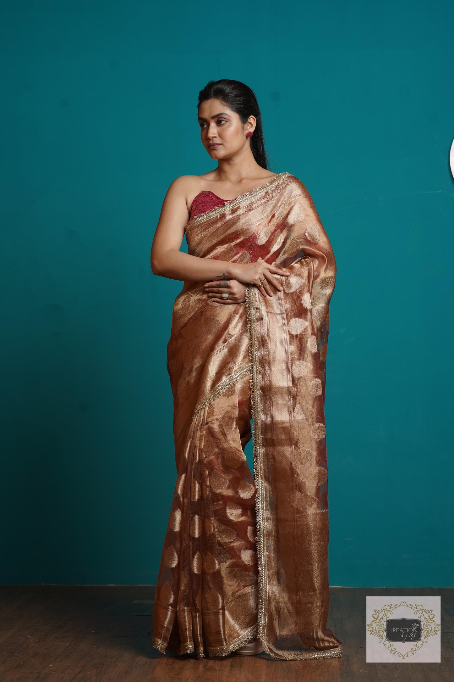 Rose Gold Tissue Banarasi Saree With Gota and Sequins Border kreationbykj