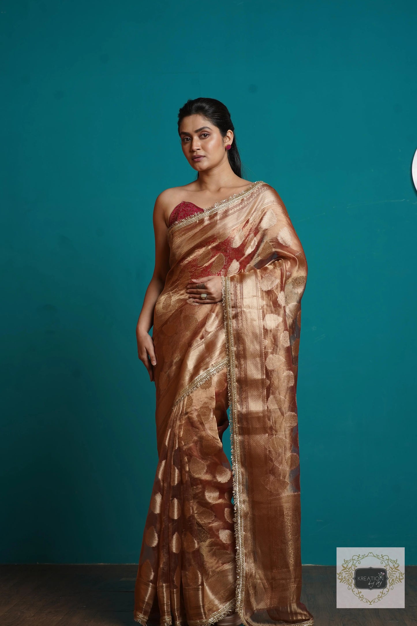 Rose Gold Tissue Banarasi Saree With Gota and Sequins Border kreationbykj