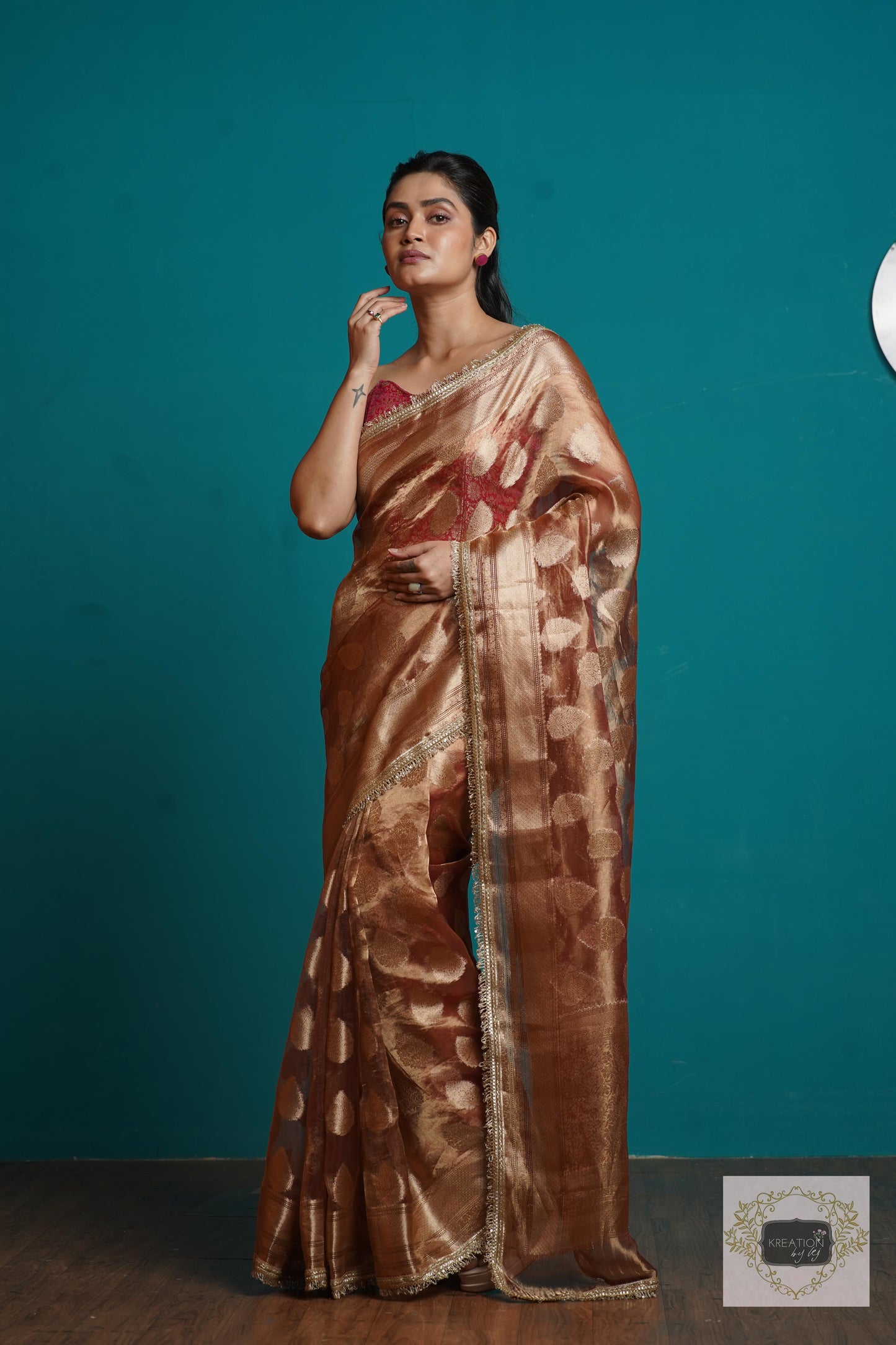 Rose Gold Tissue Banarasi Saree With Gota and Sequins Border kreationbykj
