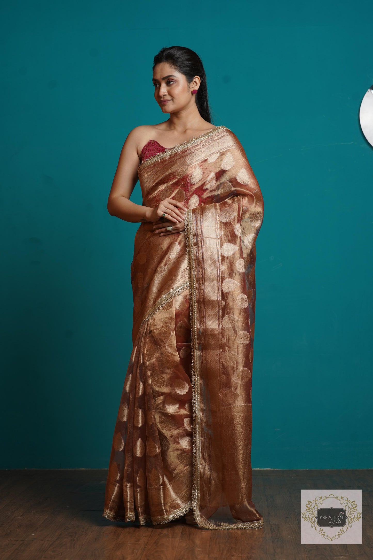 Rose Gold Tissue Banarasi Saree With Gota and Sequins Border kreationbykj