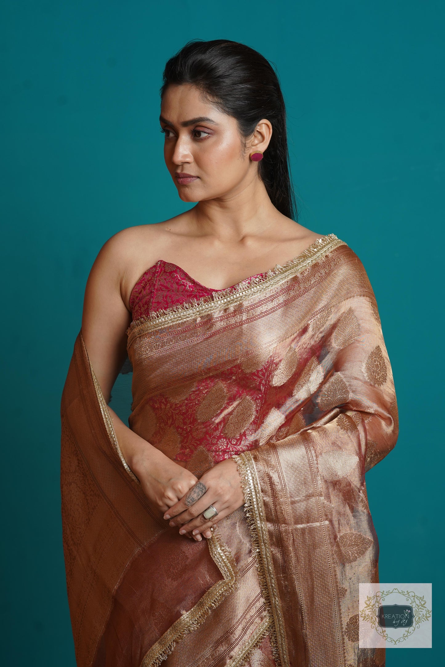 Rose Gold Tissue Banarasi Saree With Gota and Sequins Border kreationbykj