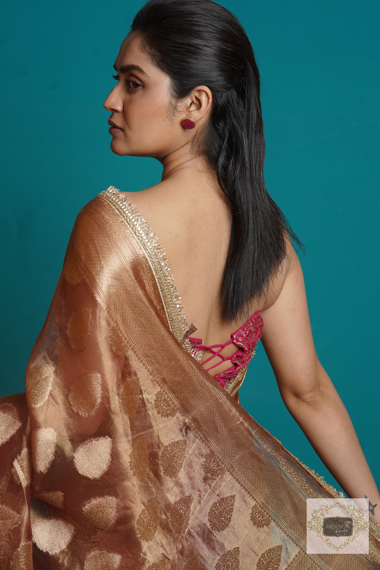 Rose Gold Tissue Banarasi Saree With Gota and Sequins Border kreationbykj