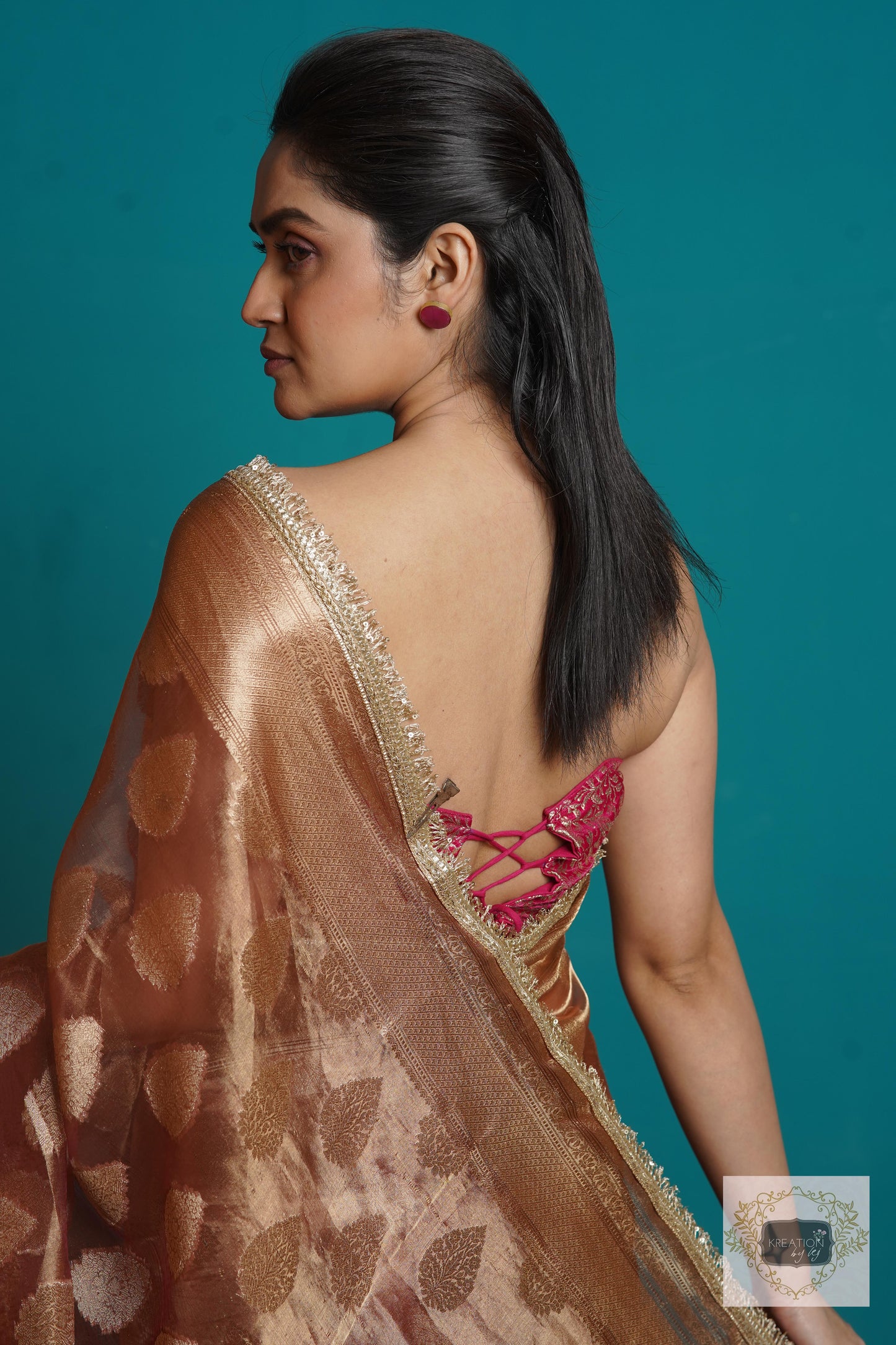 Rose Gold Tissue Banarasi Saree With Gota and Sequins Border kreationbykj